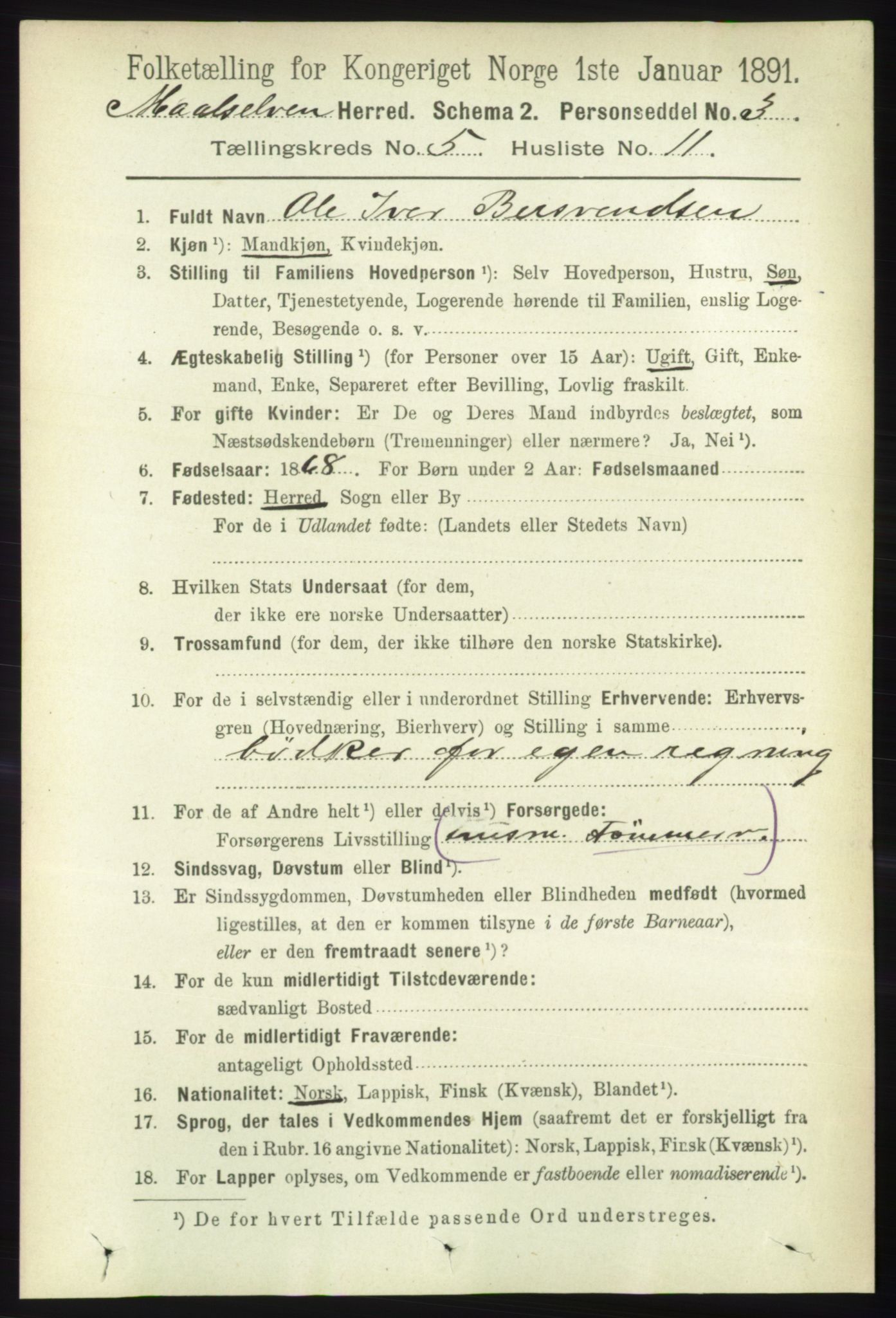 RA, 1891 census for 1924 Målselv, 1891, p. 1698