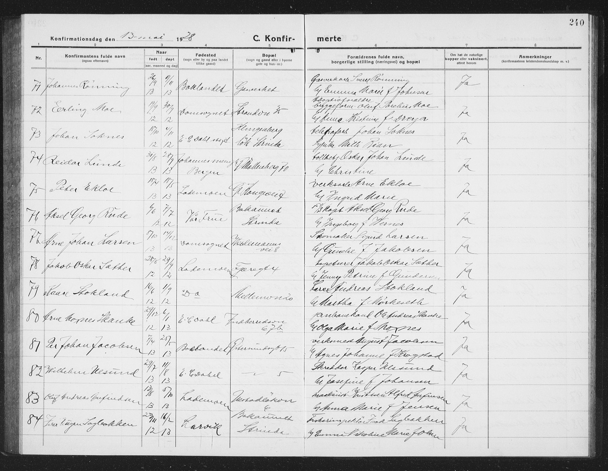 Ministerialprotokoller, klokkerbøker og fødselsregistre - Sør-Trøndelag, AV/SAT-A-1456/605/L0258: Parish register (copy) no. 605C05, 1918-1930, p. 240