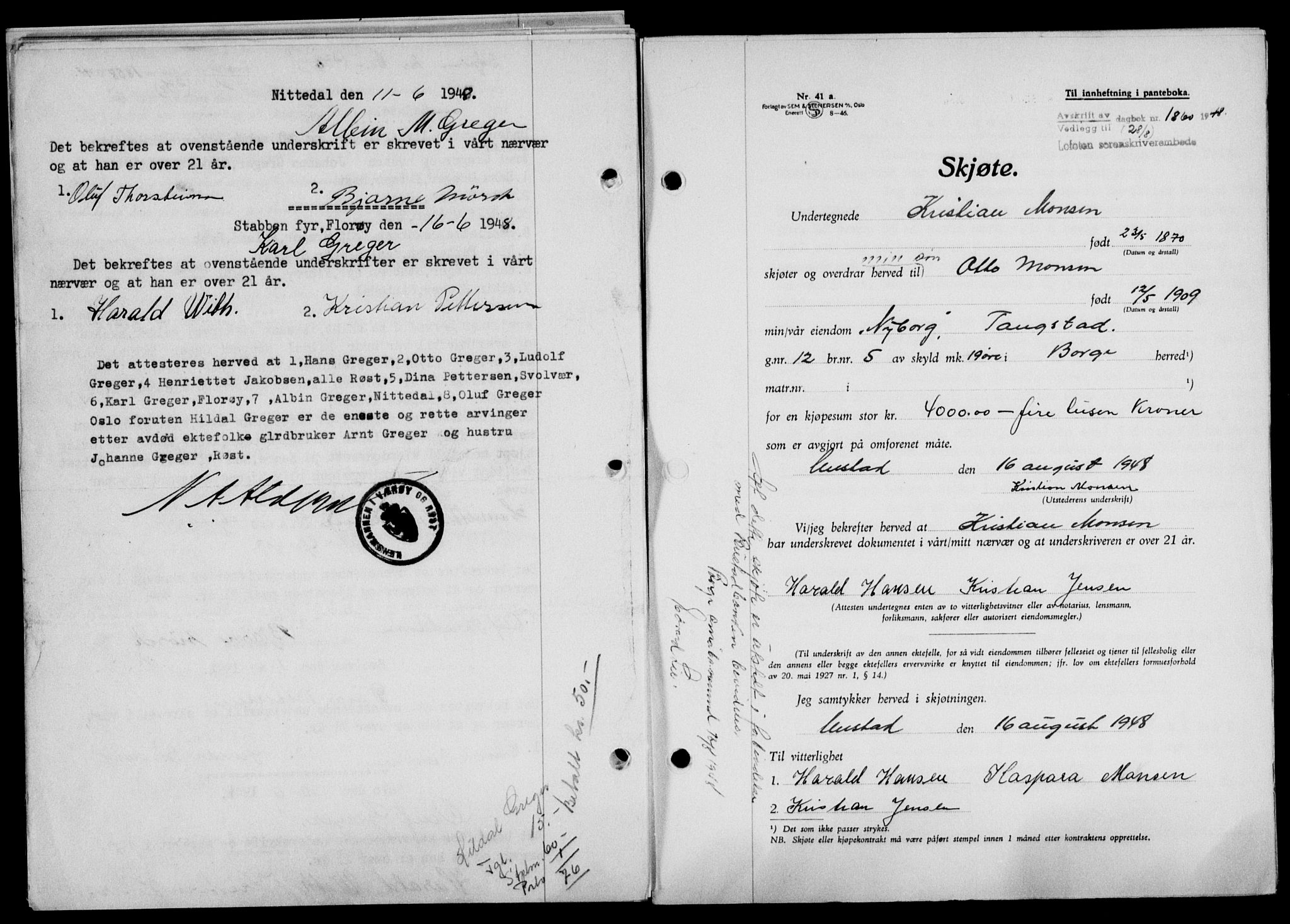 Lofoten sorenskriveri, SAT/A-0017/1/2/2C/L0019a: Mortgage book no. 19a, 1948-1948, Diary no: : 1860/1948