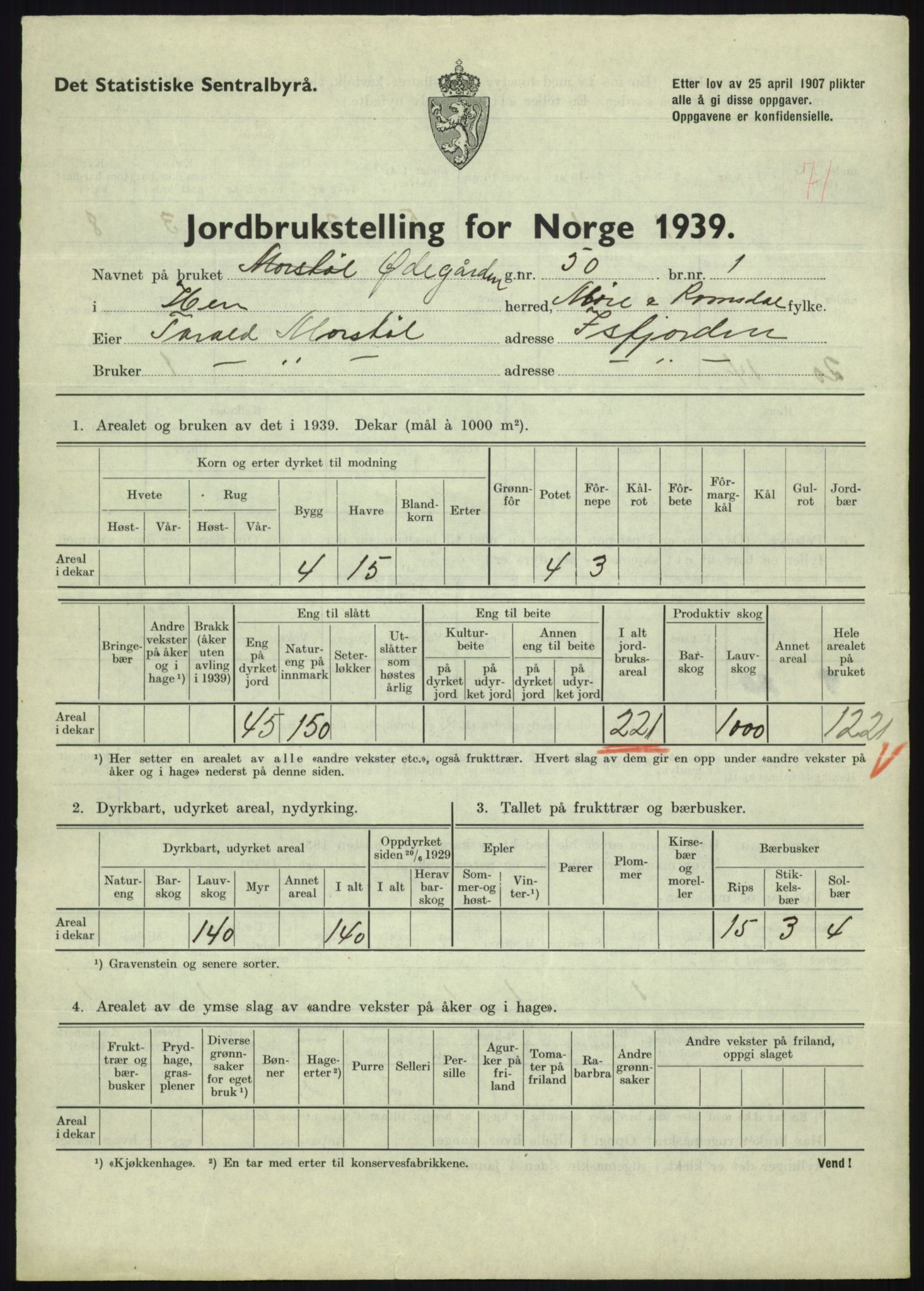 Statistisk sentralbyrå, Næringsøkonomiske emner, Jordbruk, skogbruk, jakt, fiske og fangst, AV/RA-S-2234/G/Gb/L0251: Møre og Romsdal: Voll, Eid, Grytten og Hen, 1939, p. 1443