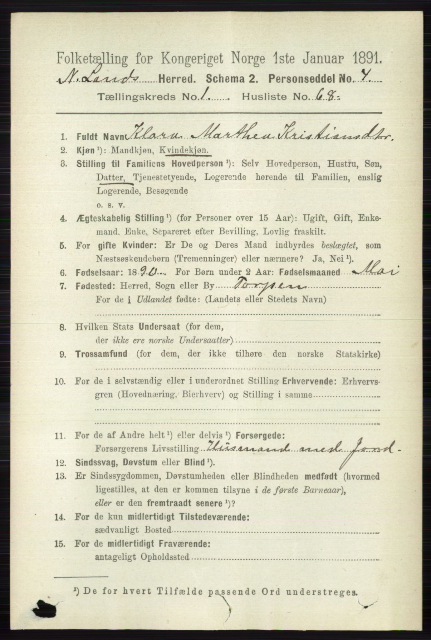 RA, 1891 census for 0538 Nordre Land, 1891, p. 522