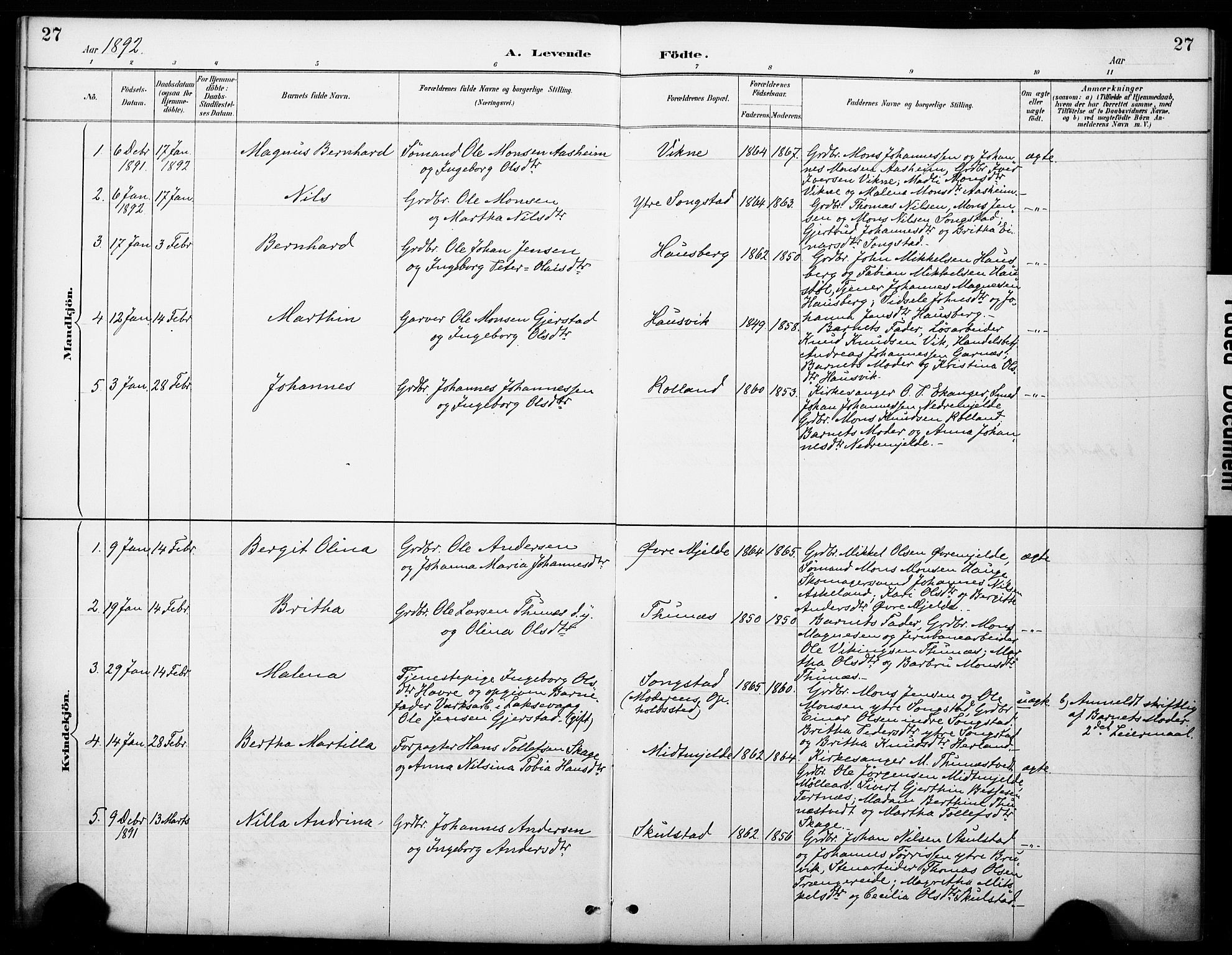 Haus sokneprestembete, SAB/A-75601/H/Haa: Parish register (official) no. B 1, 1887-1898, p. 27