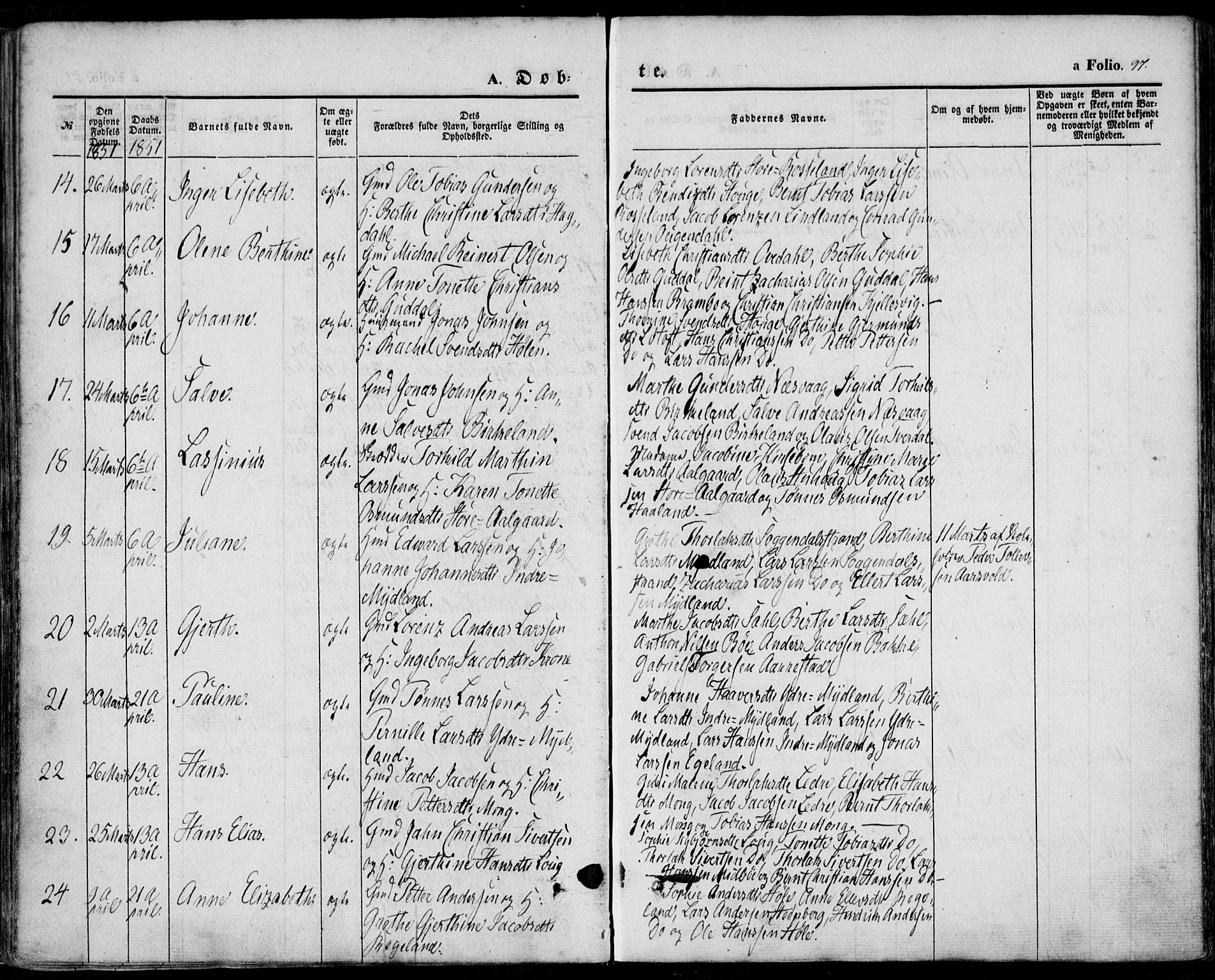 Sokndal sokneprestkontor, AV/SAST-A-101808: Parish register (official) no. A 8.1, 1842-1857, p. 97