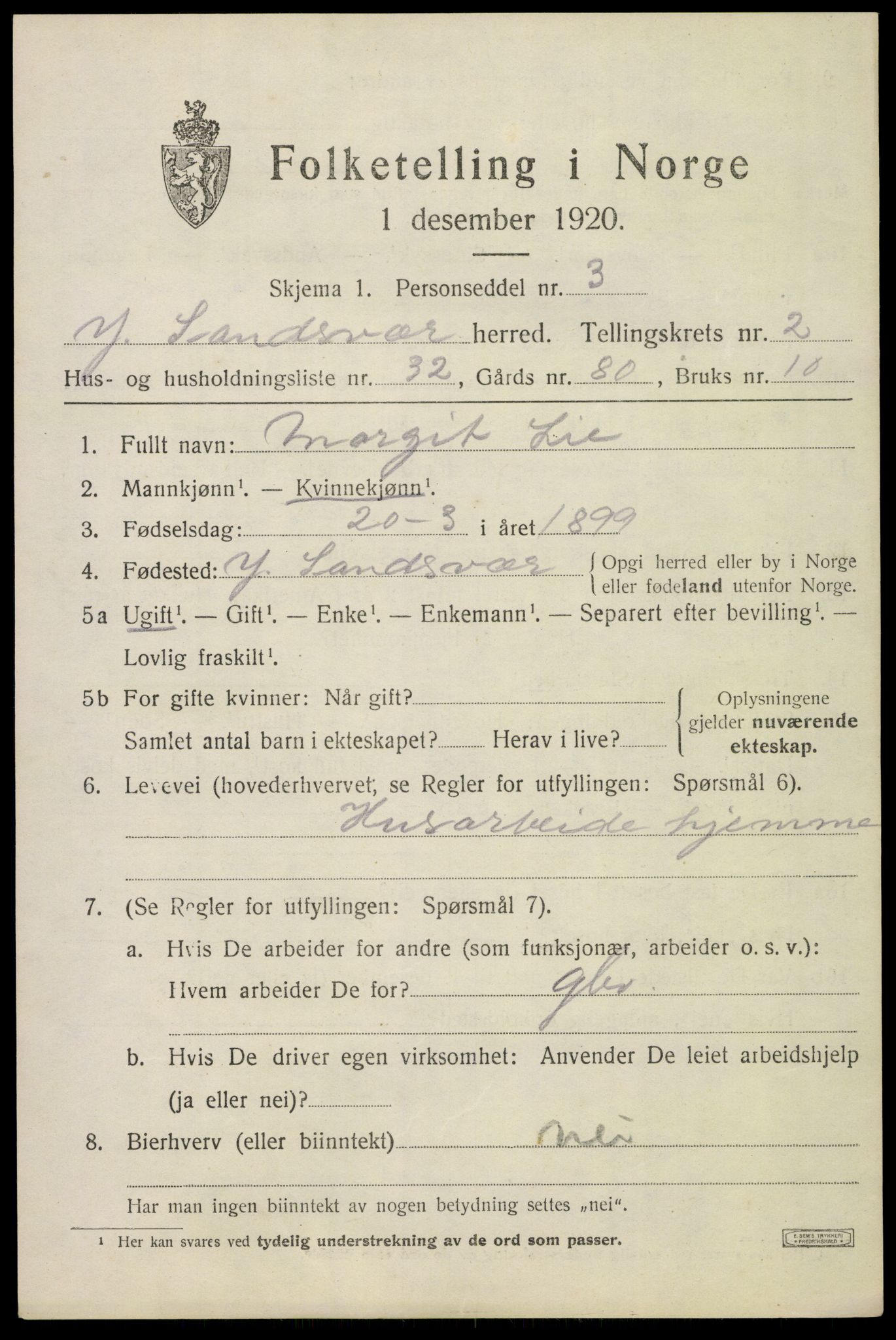 SAKO, 1920 census for Ytre Sandsvær, 1920, p. 3002