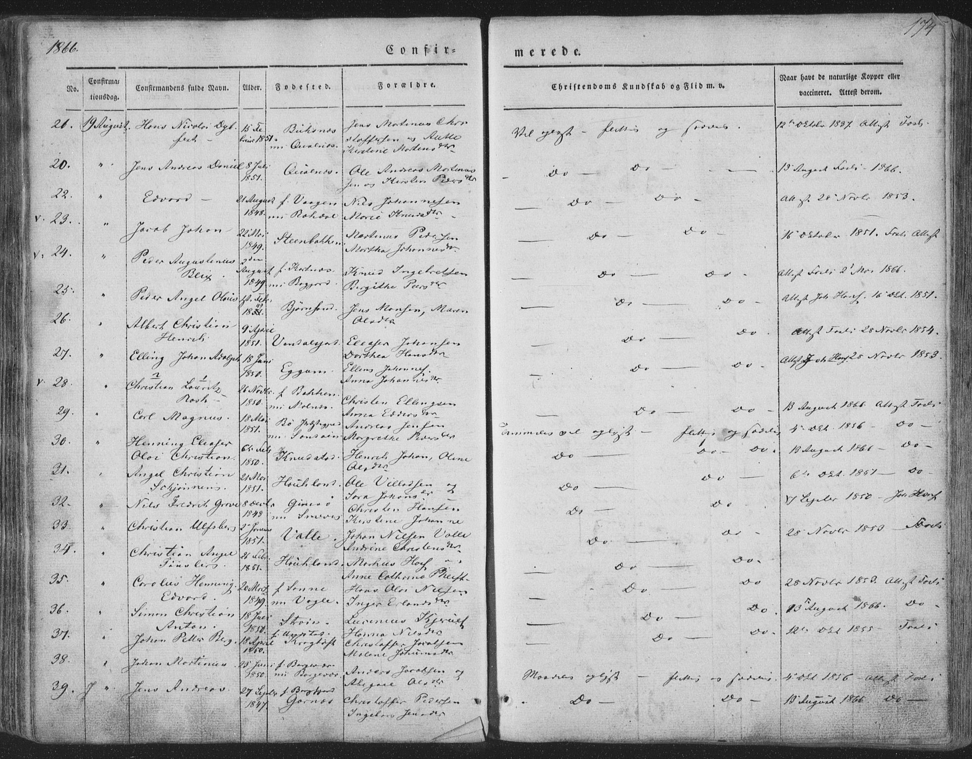 Ministerialprotokoller, klokkerbøker og fødselsregistre - Nordland, AV/SAT-A-1459/880/L1131: Parish register (official) no. 880A05, 1844-1868, p. 174