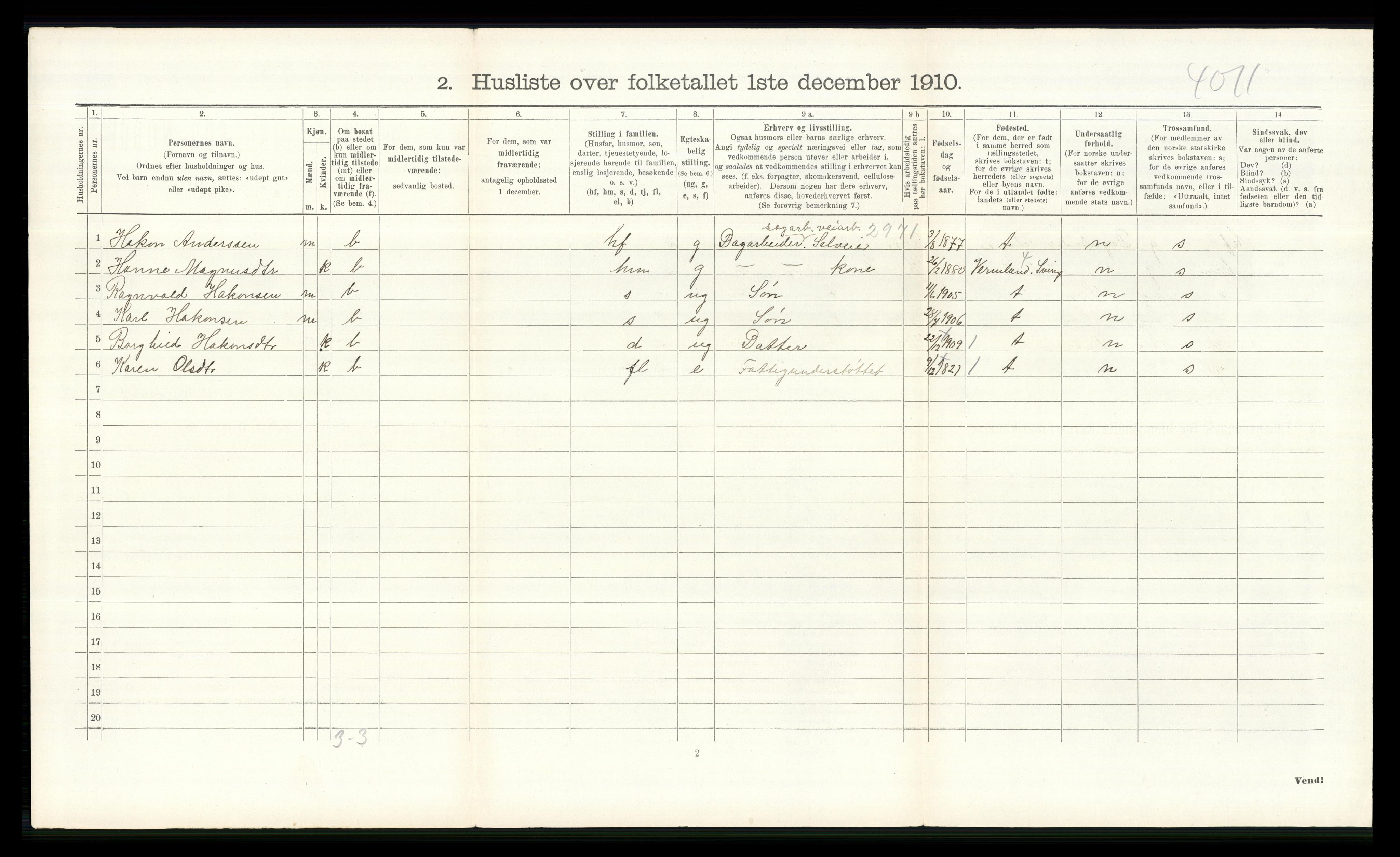 RA, 1910 census for Nes, 1910, p. 2019