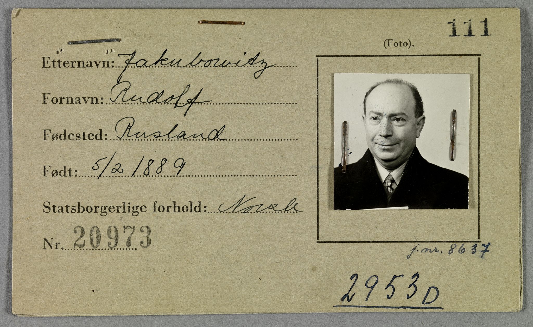 Sosialdepartementet, Våre Falne, RA/S-1708/E/Ee/L0021A: Fotografier av jøder på legitimasjonskort (1941-42), 1941-1942, p. 183