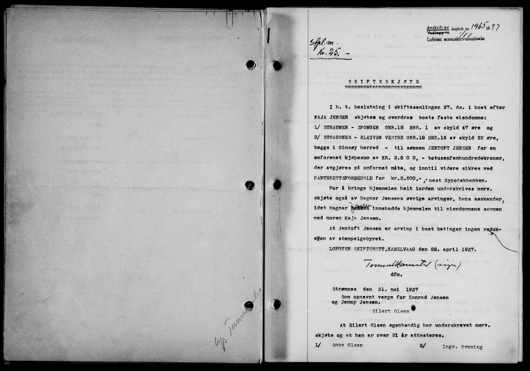 Lofoten sorenskriveri, SAT/A-0017/1/2/2C/L0003a: Mortgage book no. 3a, 1937-1938, Diary no: : 1965/1937