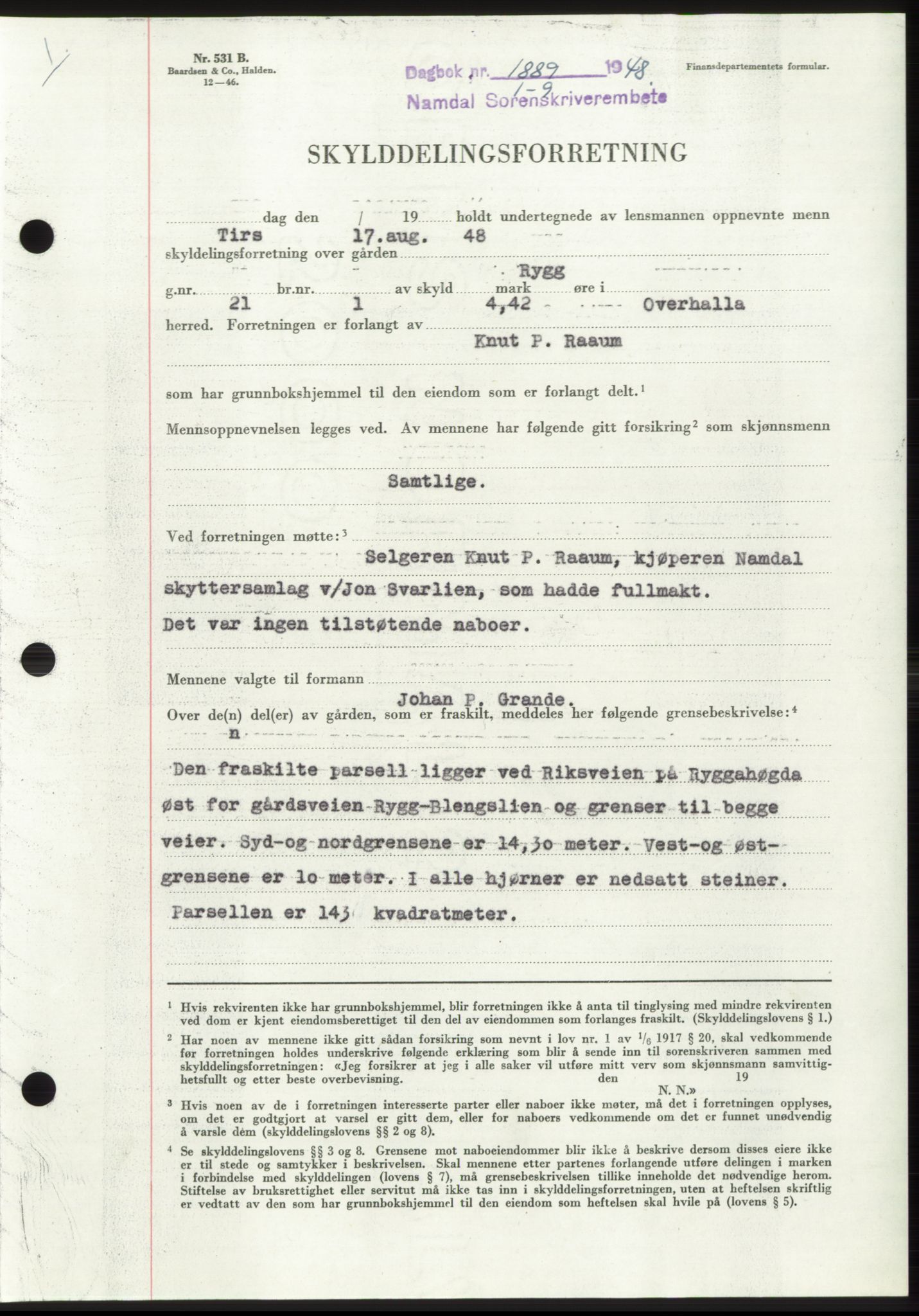 Namdal sorenskriveri, AV/SAT-A-4133/1/2/2C: Mortgage book no. -, 1948-1948, Diary no: : 1889/1948