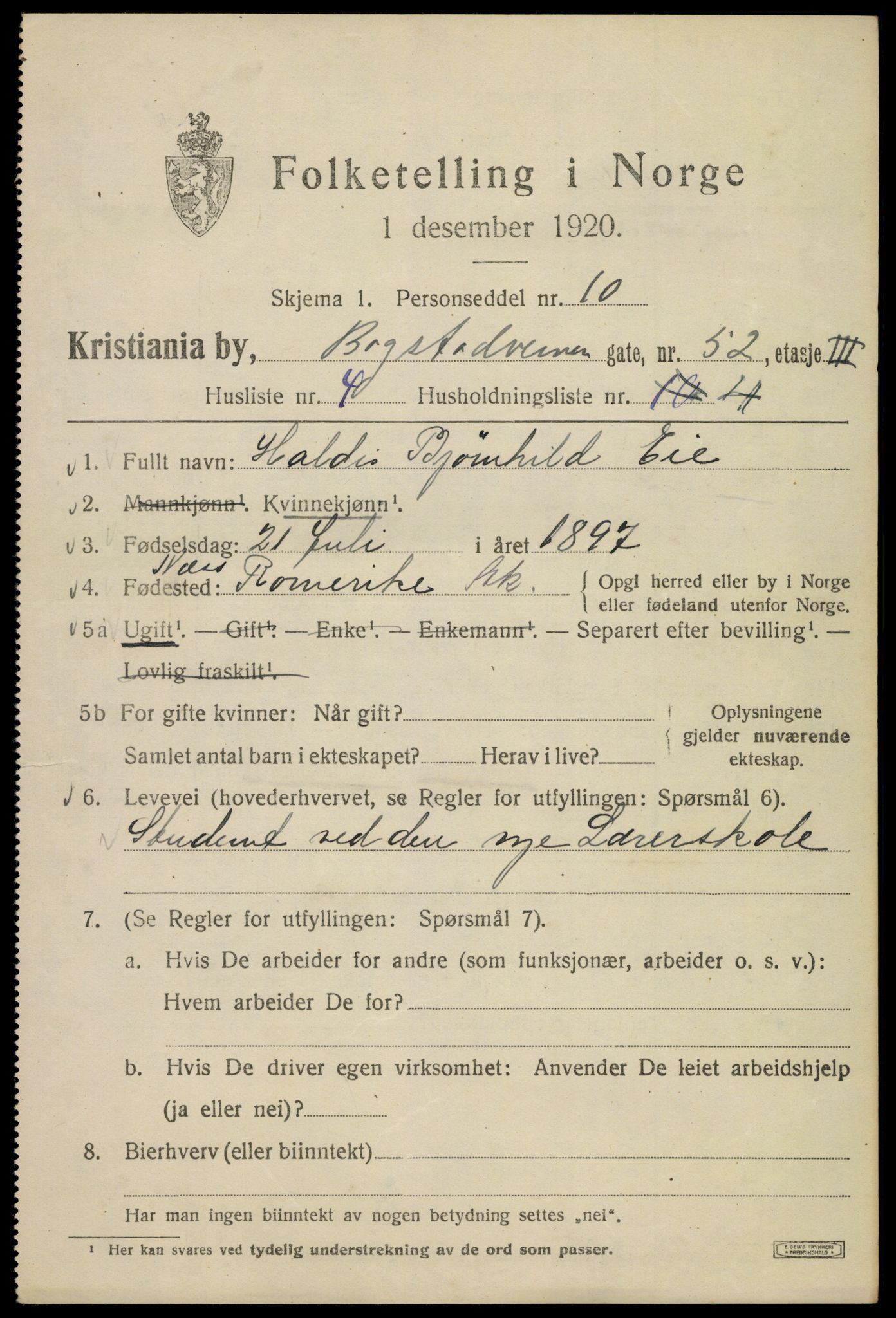 SAO, 1920 census for Kristiania, 1920, p. 166605