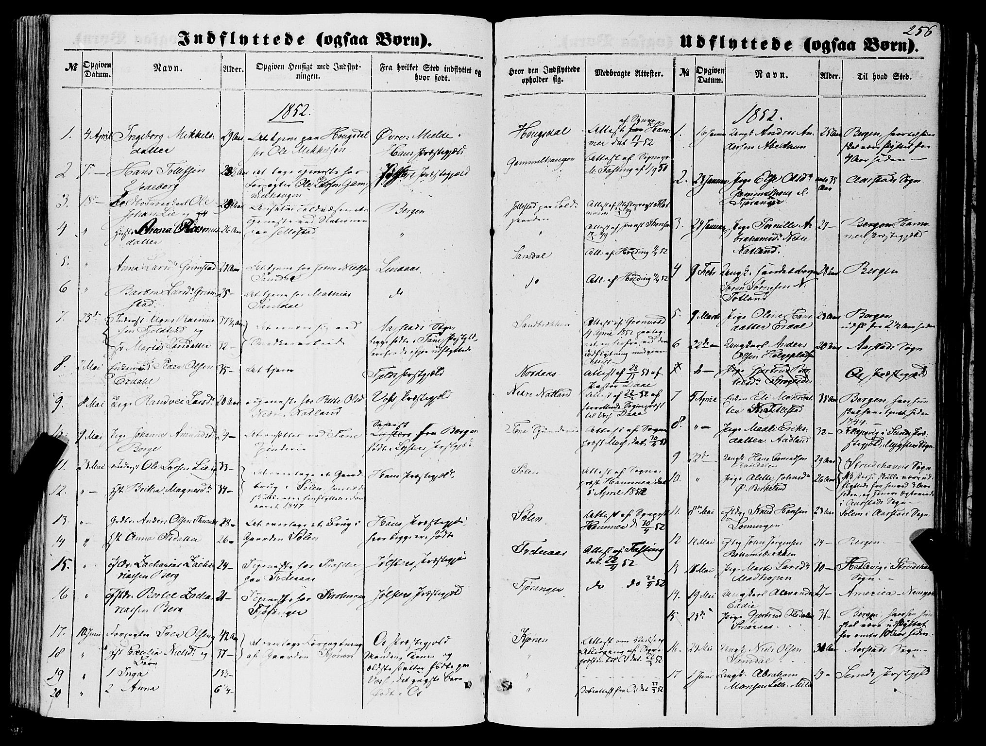 Fana Sokneprestembete, SAB/A-75101/H/Haa/Haaa/L0011: Parish register (official) no. A 11, 1851-1862, p. 256