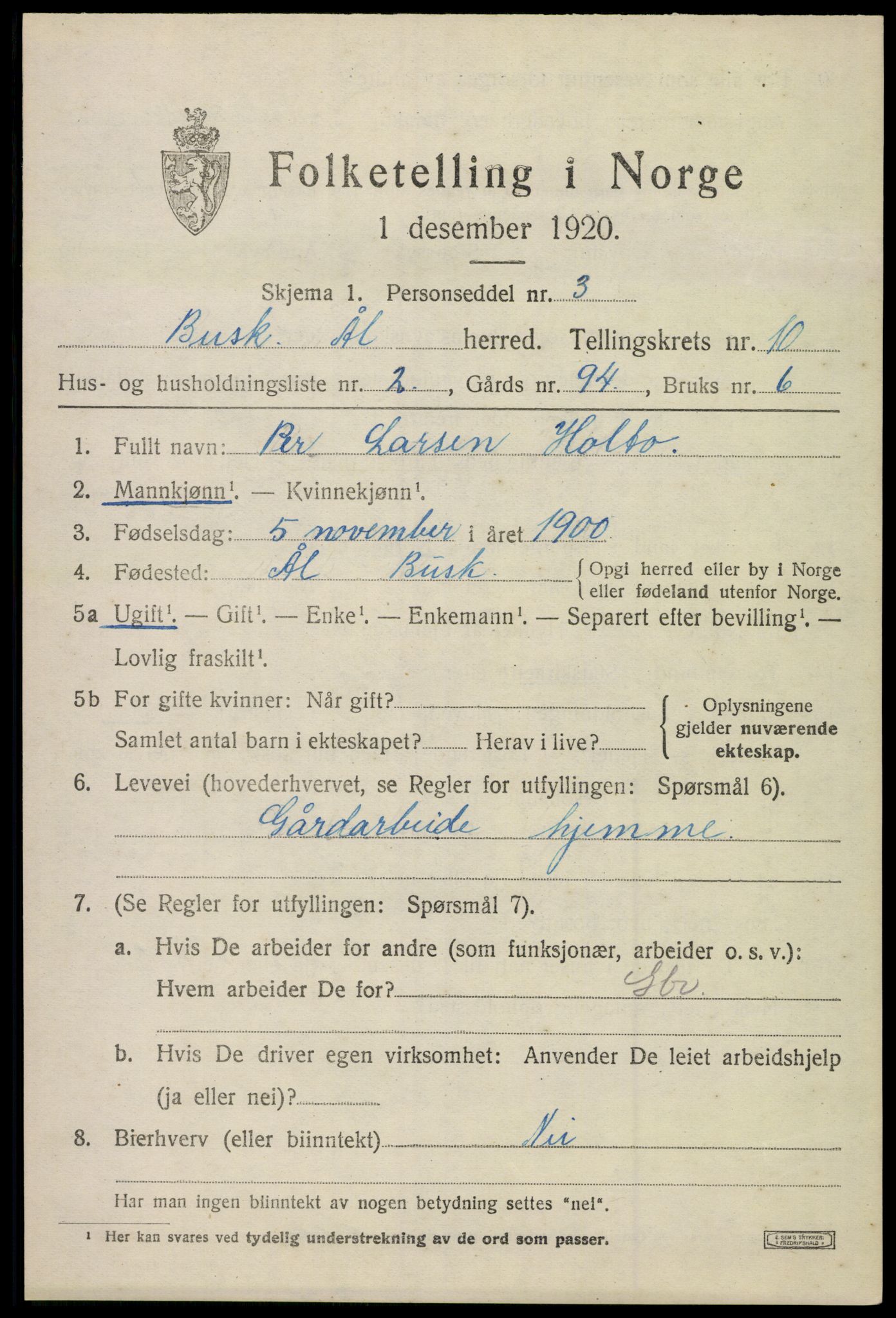 SAKO, 1920 census for Ål, 1920, p. 5962