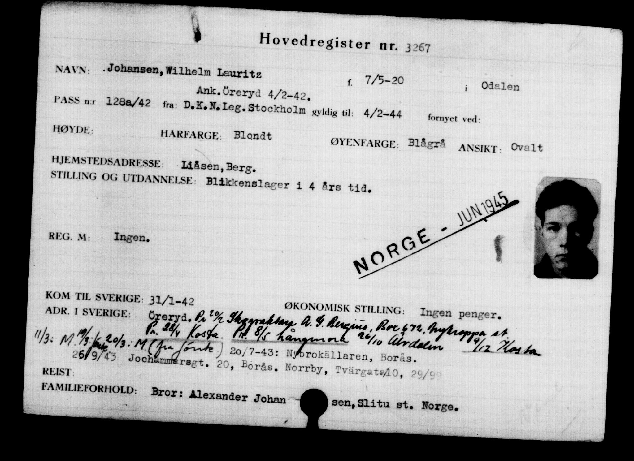 Utenriksstasjonene, Legasjonen i Stockholm, Flyktningkontoret, AV/RA-S-6753/V/Va/L0003: Kjesäterkartoteket, flyktninger med registreringsnr. 2001-3495, 1940-1945, p. 1736