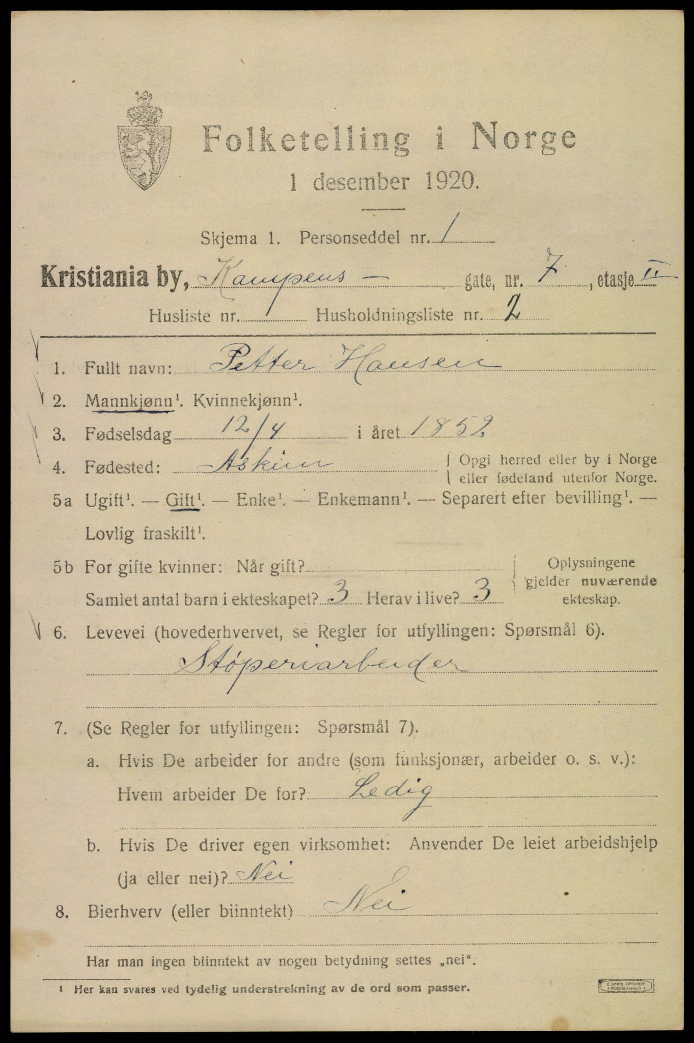 SAO, 1920 census for Kristiania, 1920, p. 326697