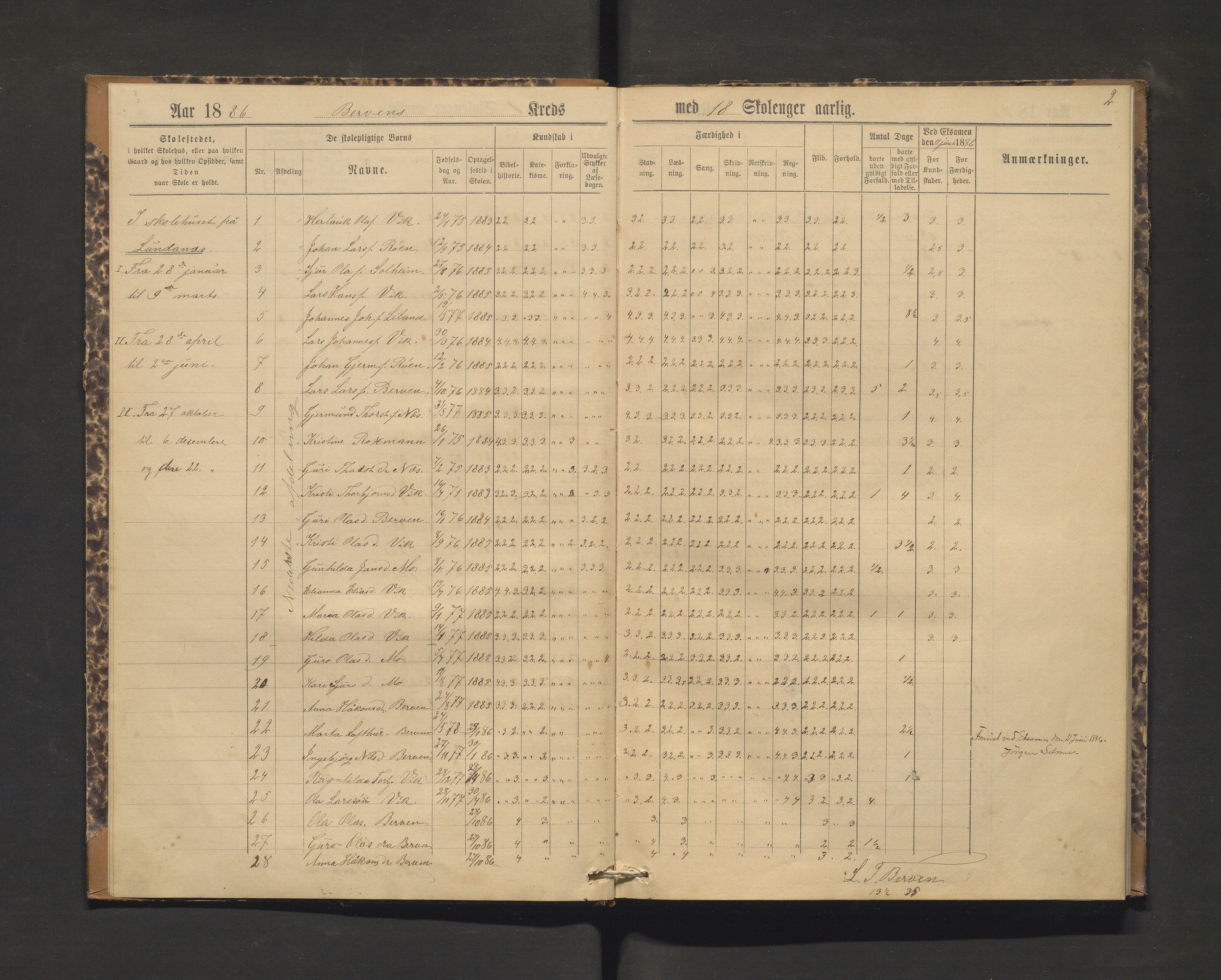 Kvam herad. Barneskulane, IKAH/1238-231/F/Fa/L0016: Skuleprotokoll for Børve og Soldal krinsar, 1886-1892