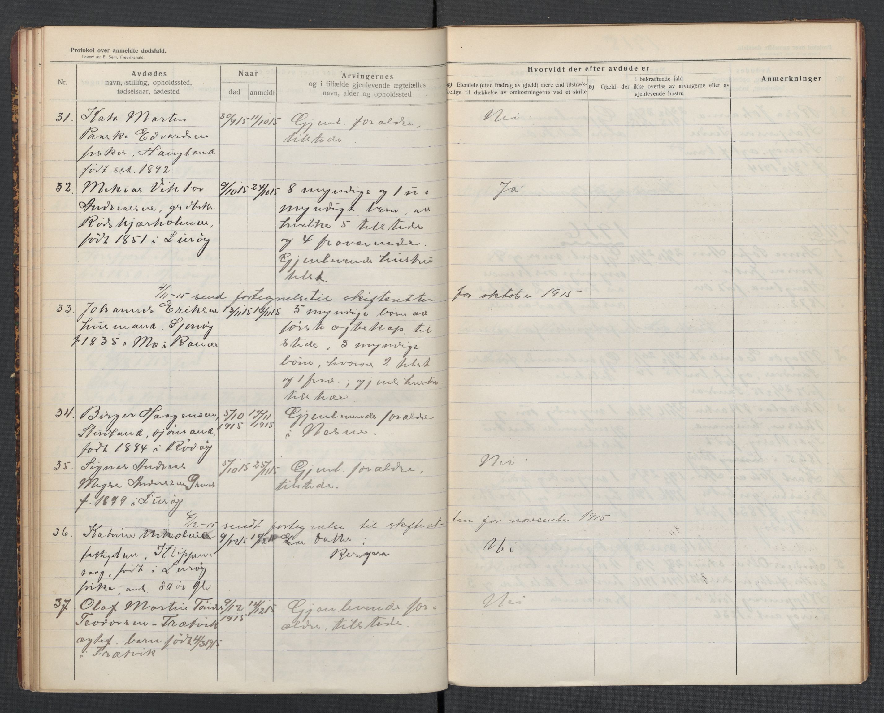 Lurøy og Træna lensmannskontor, SAT/A-5697/1/02/L0002: 2.01.02 - Dødsfallsprotokoll, 1911-1920