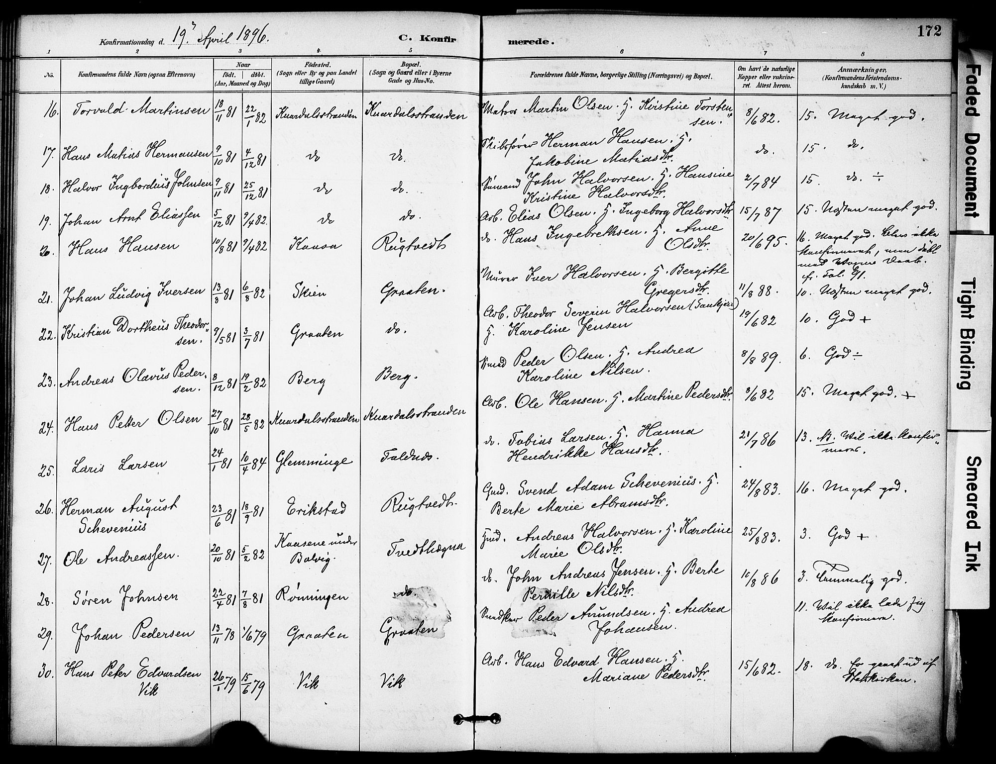 Solum kirkebøker, SAKO/A-306/F/Fa/L0010: Parish register (official) no. I 10, 1888-1898, p. 172