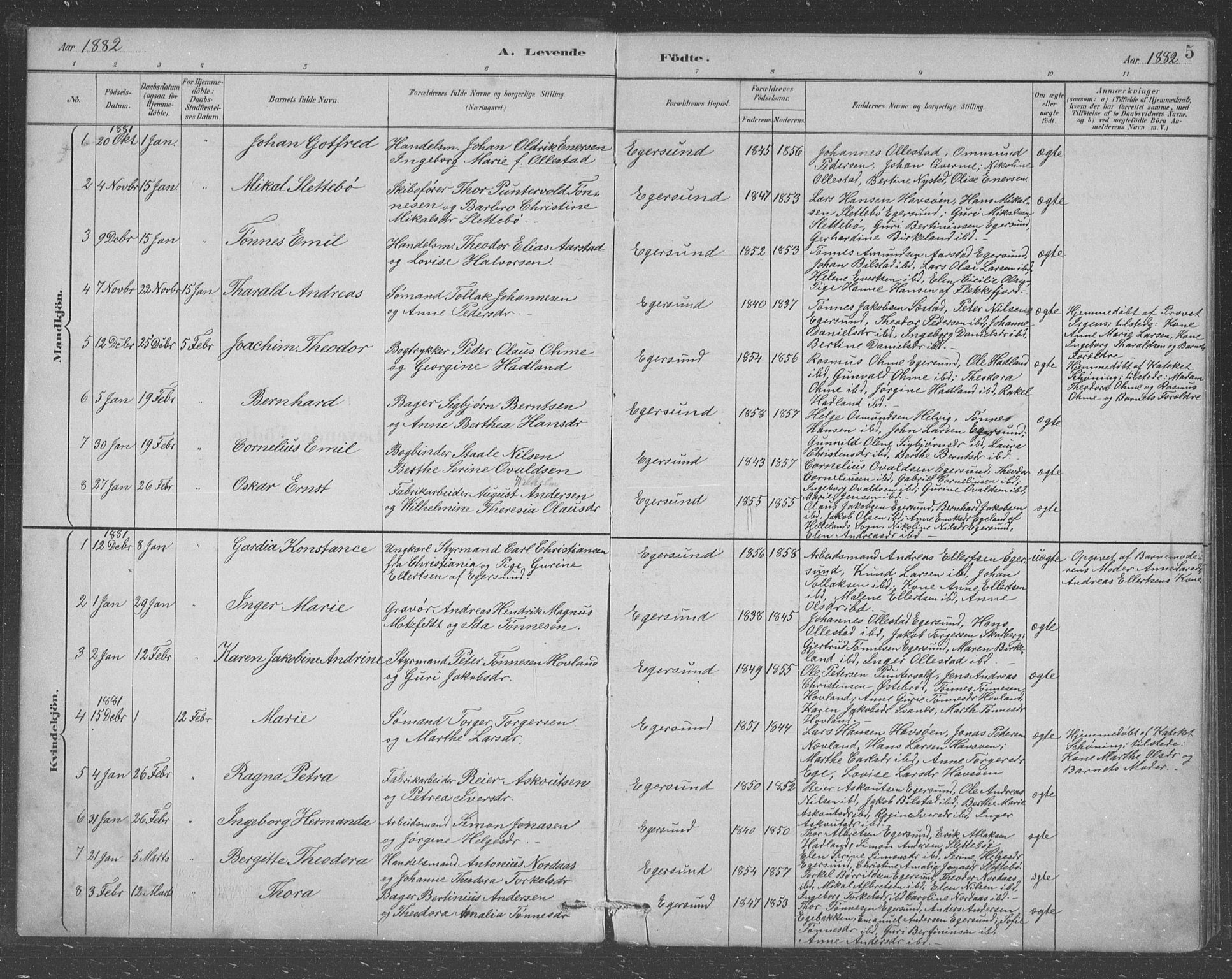 Eigersund sokneprestkontor, AV/SAST-A-101807/001/30/30BB/L0008: Parish register (copy) no. B 8, 1882-1892, p. 5