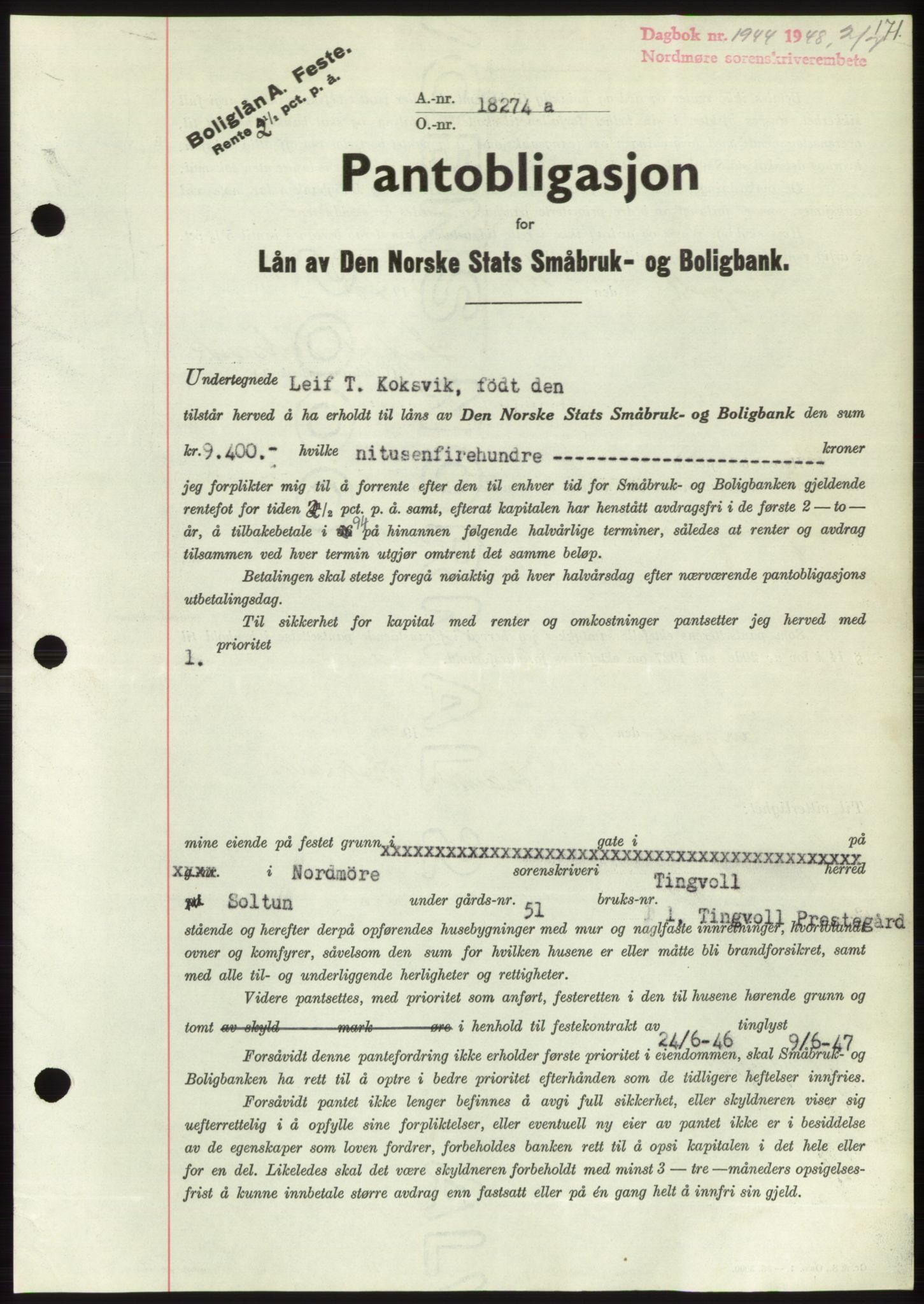 Nordmøre sorenskriveri, AV/SAT-A-4132/1/2/2Ca: Mortgage book no. B99, 1948-1948, Diary no: : 1944/1948