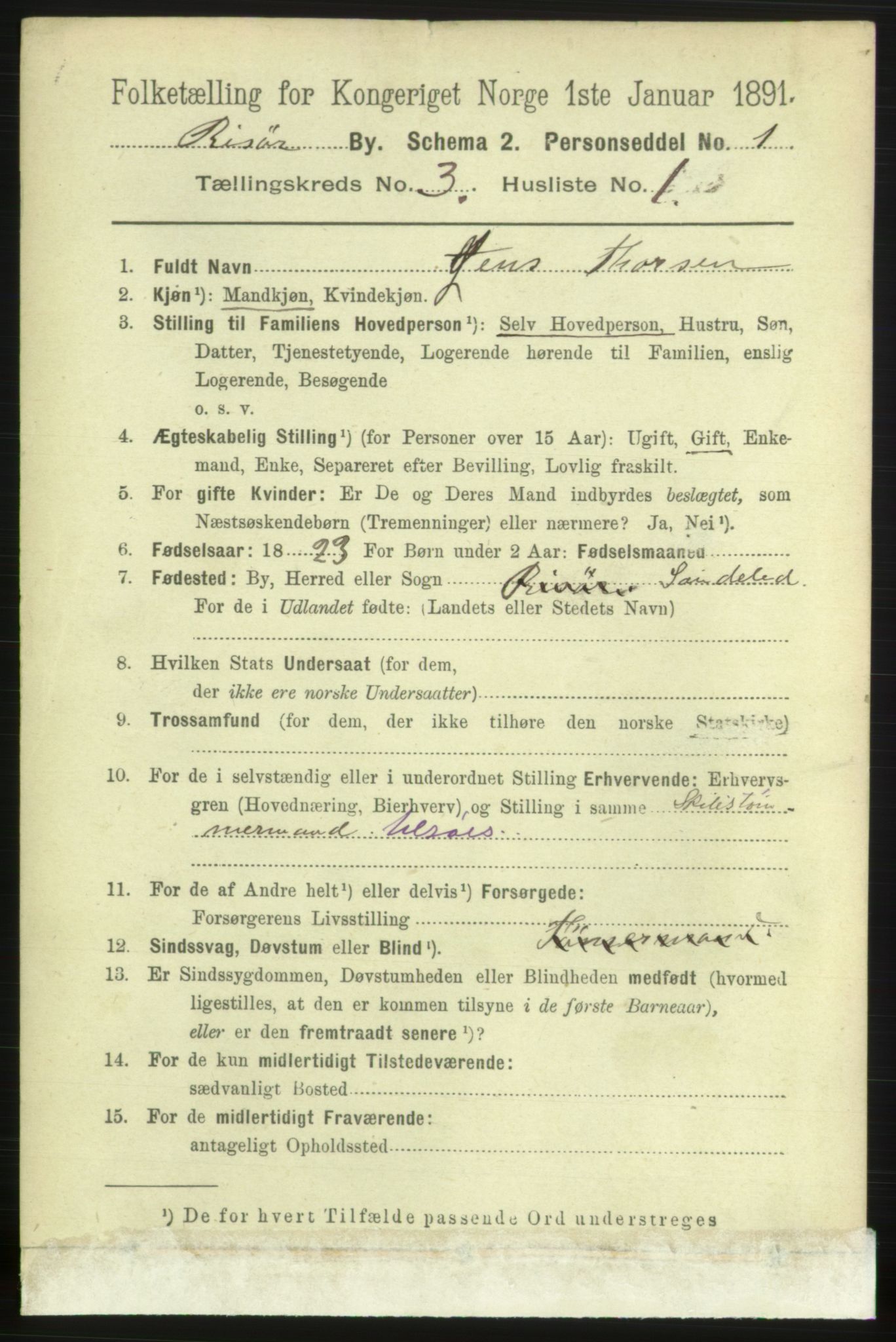 RA, 1891 census for 0901 Risør, 1891, p. 3109