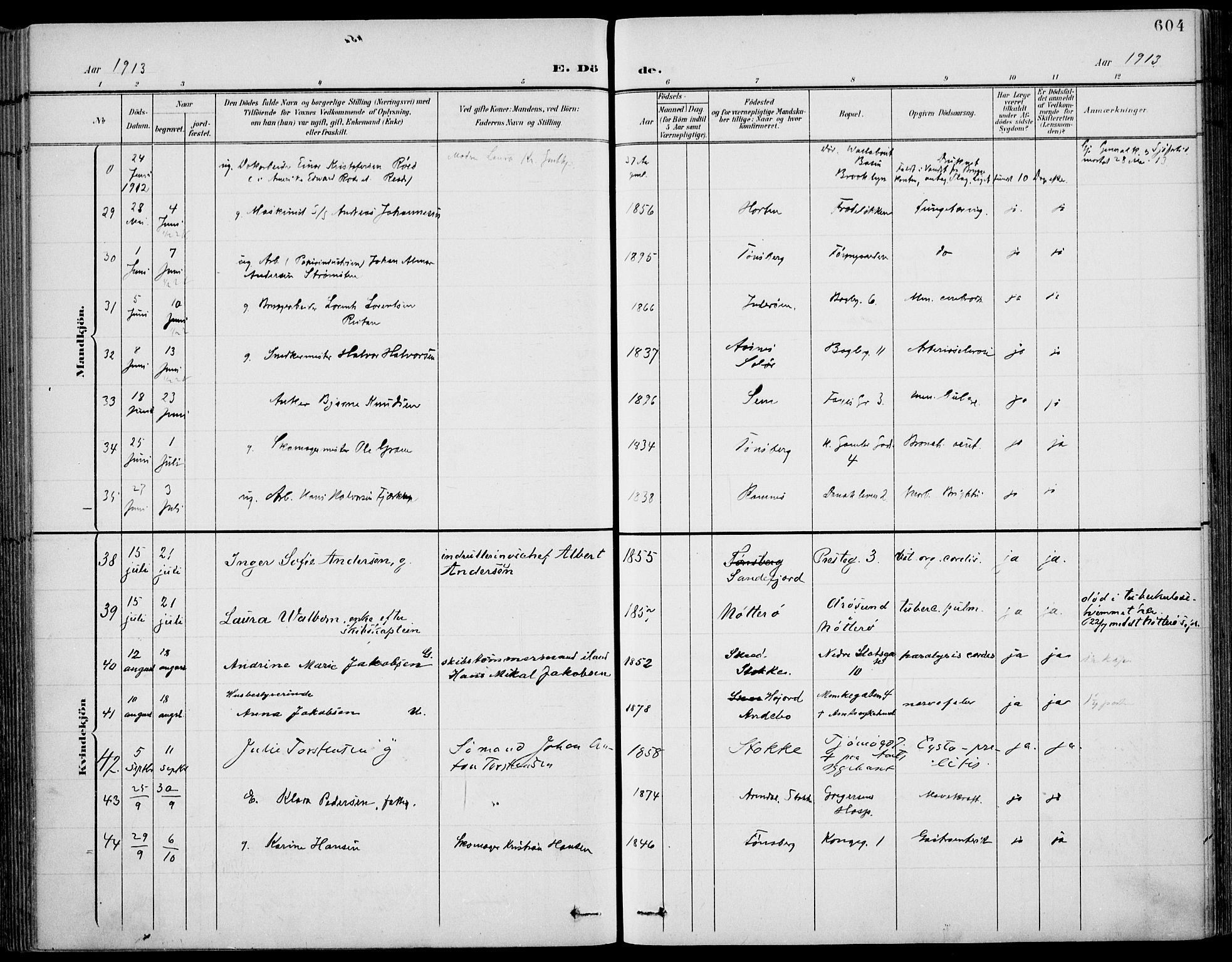 Tønsberg kirkebøker, SAKO/A-330/F/Fa/L0013: Parish register (official) no. I 13, 1900-1913, p. 604
