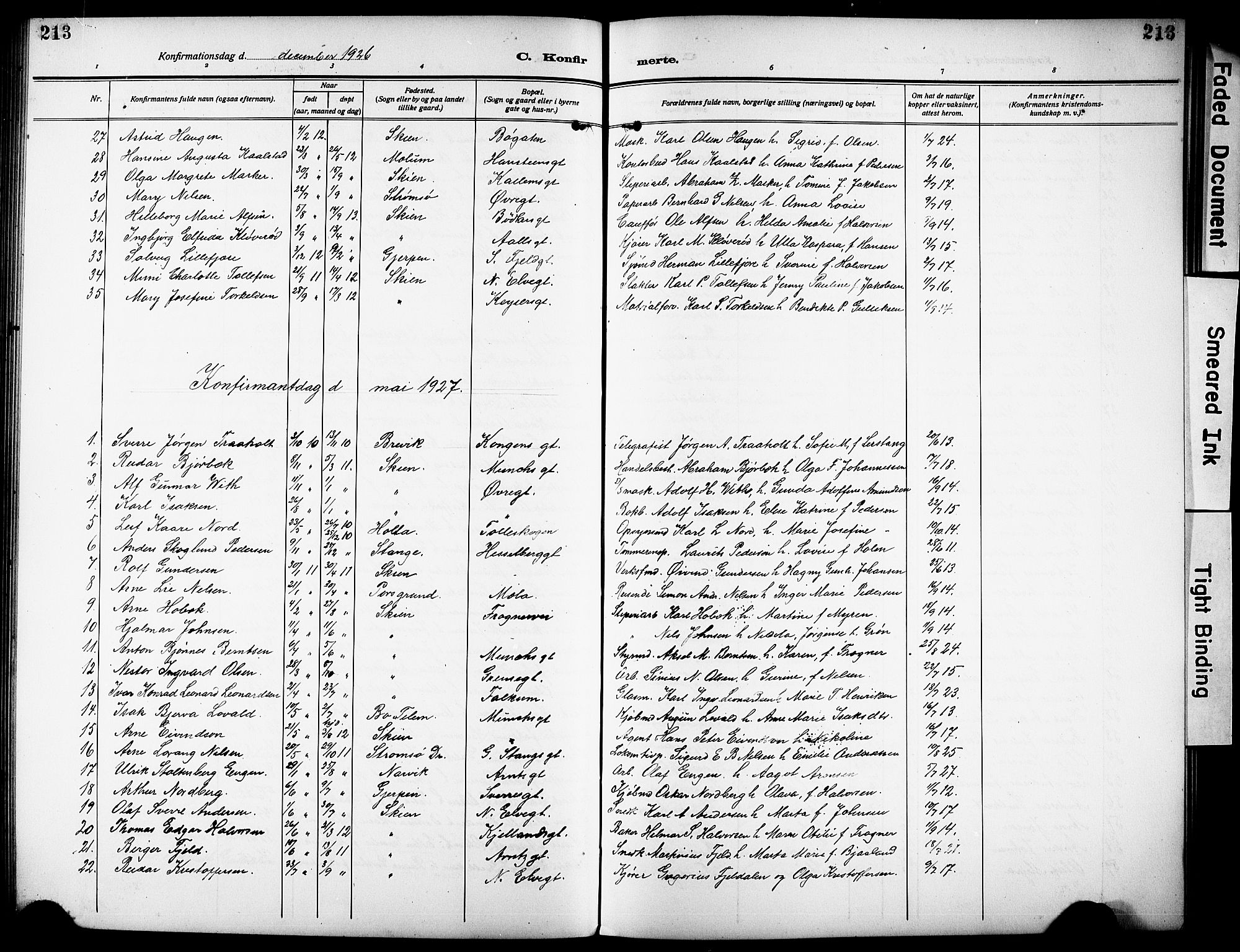 Skien kirkebøker, AV/SAKO-A-302/G/Ga/L0010: Parish register (copy) no. 10, 1920-1931, p. 213