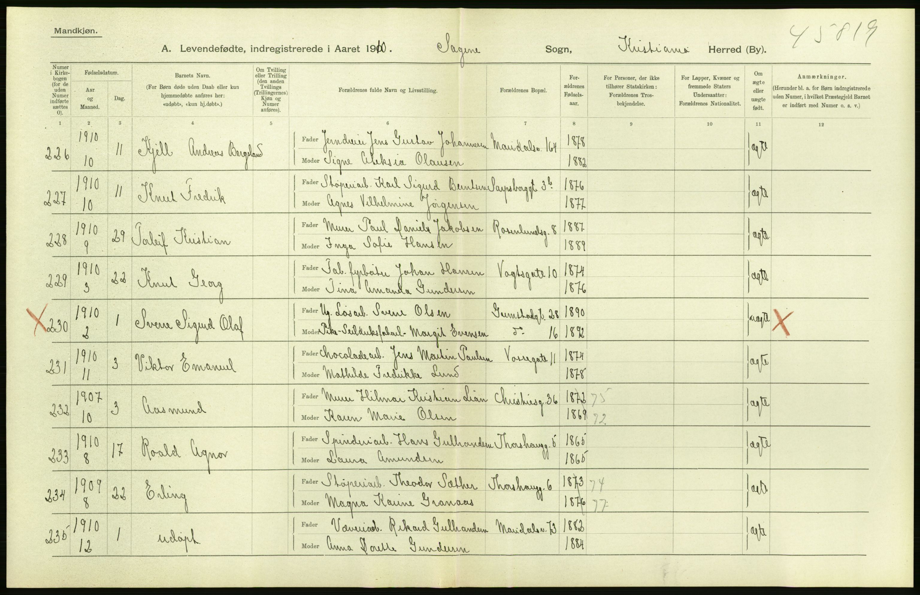 Statistisk sentralbyrå, Sosiodemografiske emner, Befolkning, RA/S-2228/D/Df/Dfa/Dfah/L0006: Kristiania: Levendefødte menn., 1910, p. 470