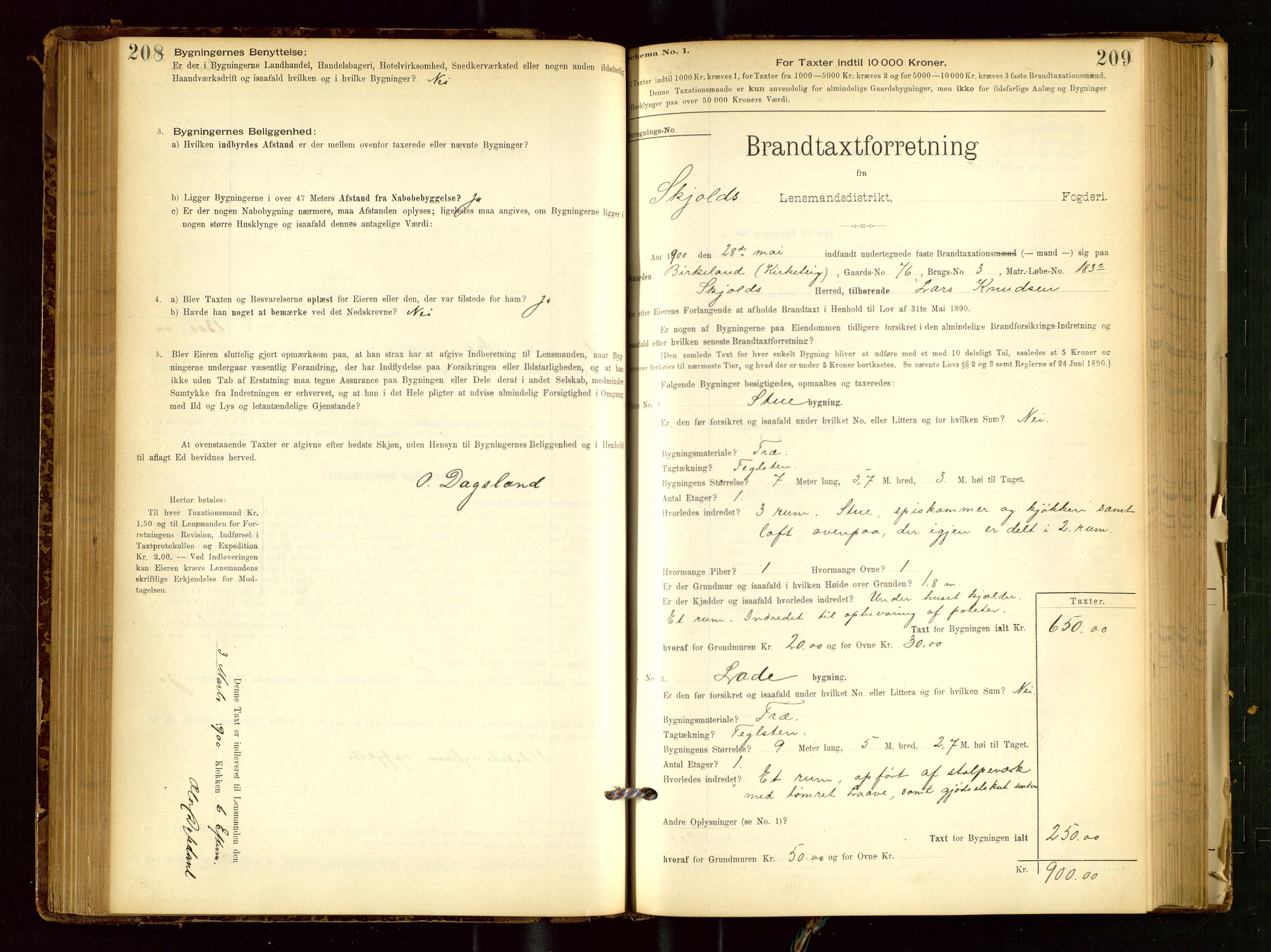 Skjold lensmannskontor, SAST/A-100182/Gob/L0001: "Brandtaxationsprotokol for Skjold Lensmandsdistrikt Ryfylke Fogderi", 1894-1939, p. 208-209