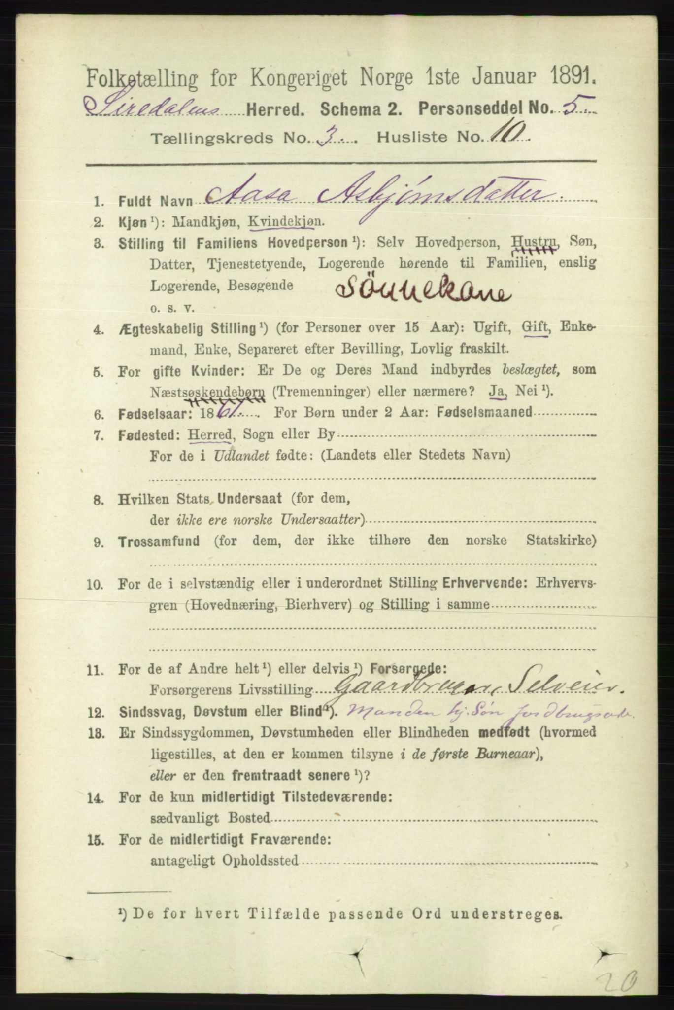 RA, 1891 census for 1046 Sirdal, 1891, p. 726