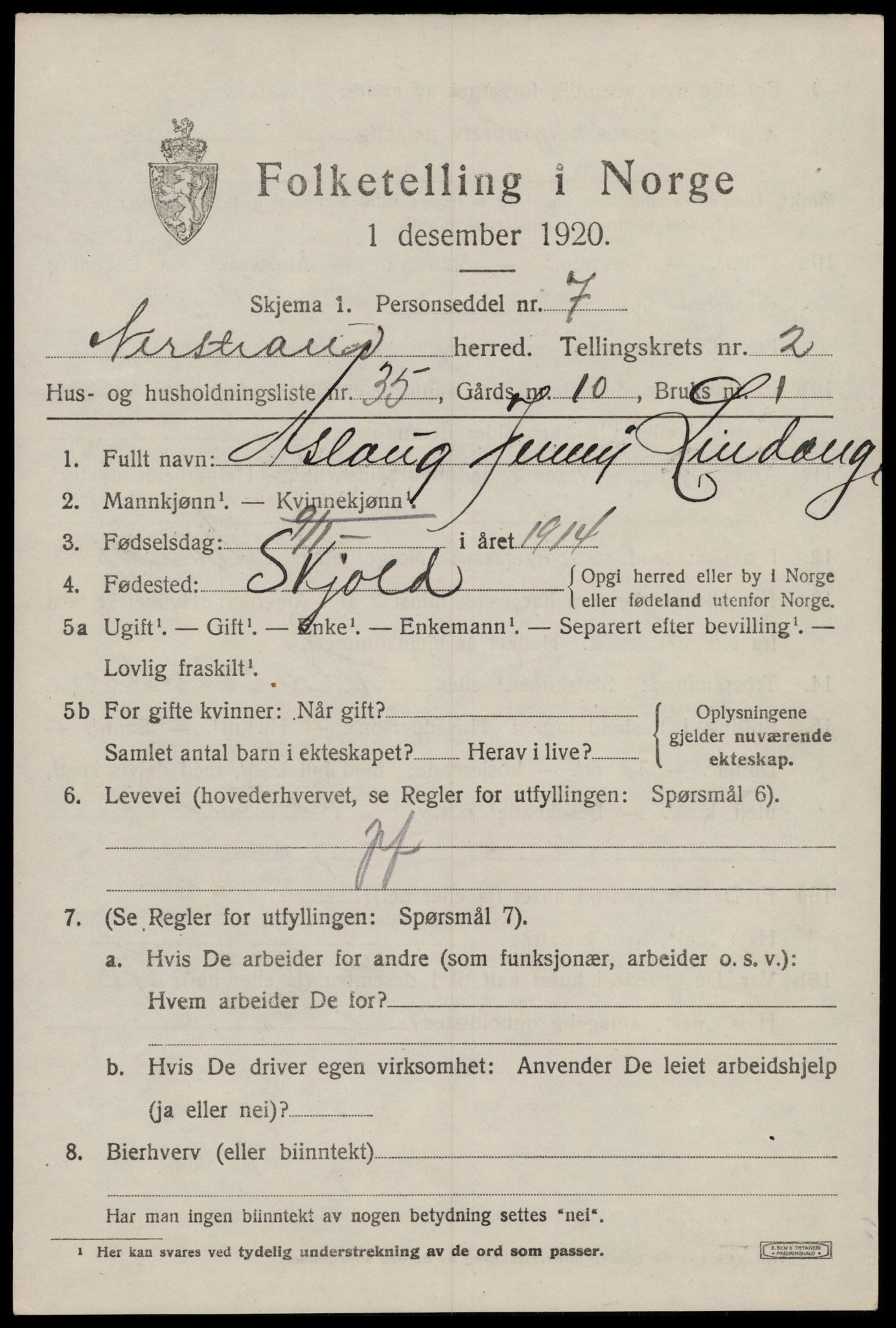 SAST, 1920 census for Nedstrand, 1920, p. 1343