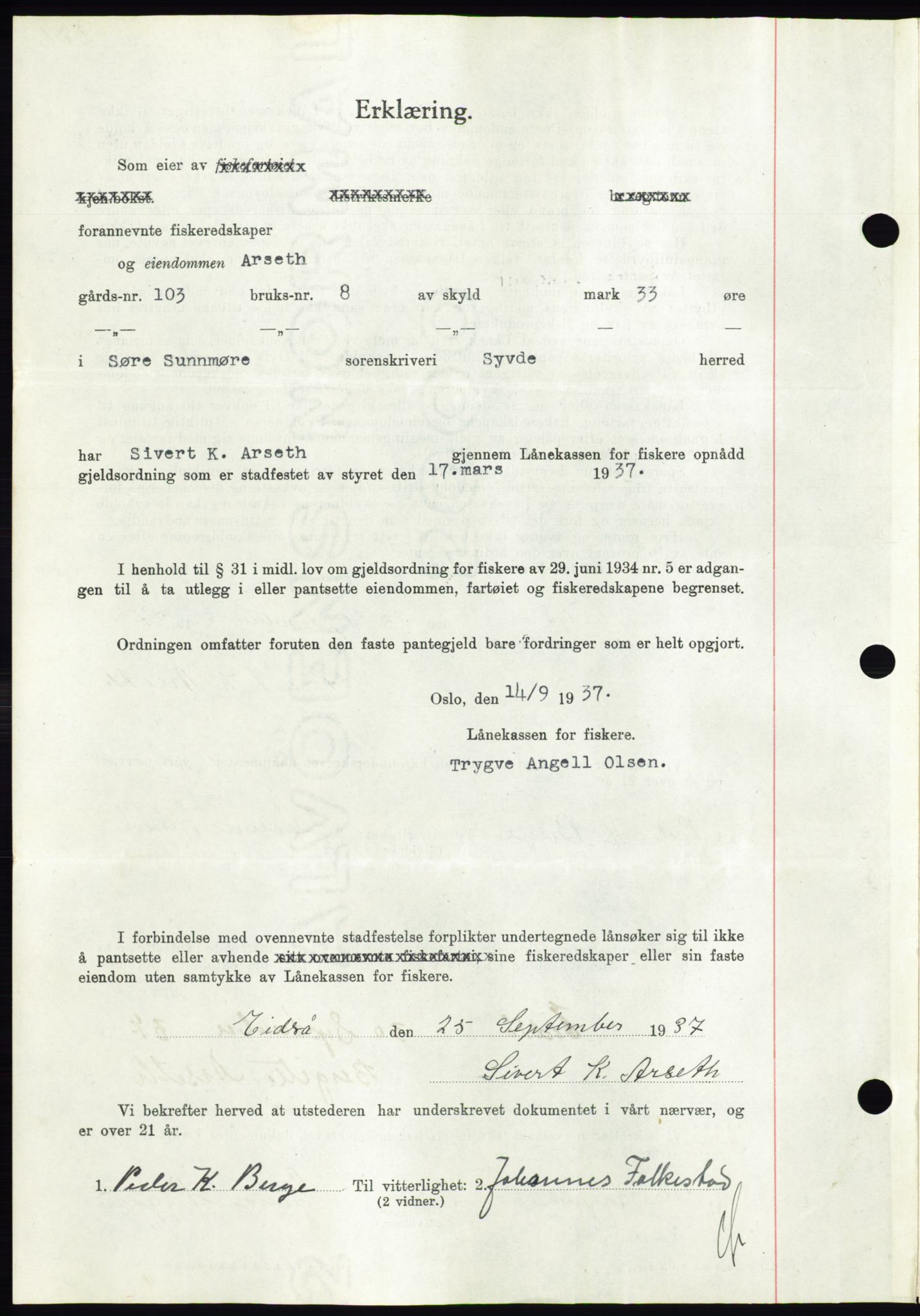 Søre Sunnmøre sorenskriveri, AV/SAT-A-4122/1/2/2C/L0064: Mortgage book no. 58, 1937-1938, Diary no: : 1947/1937