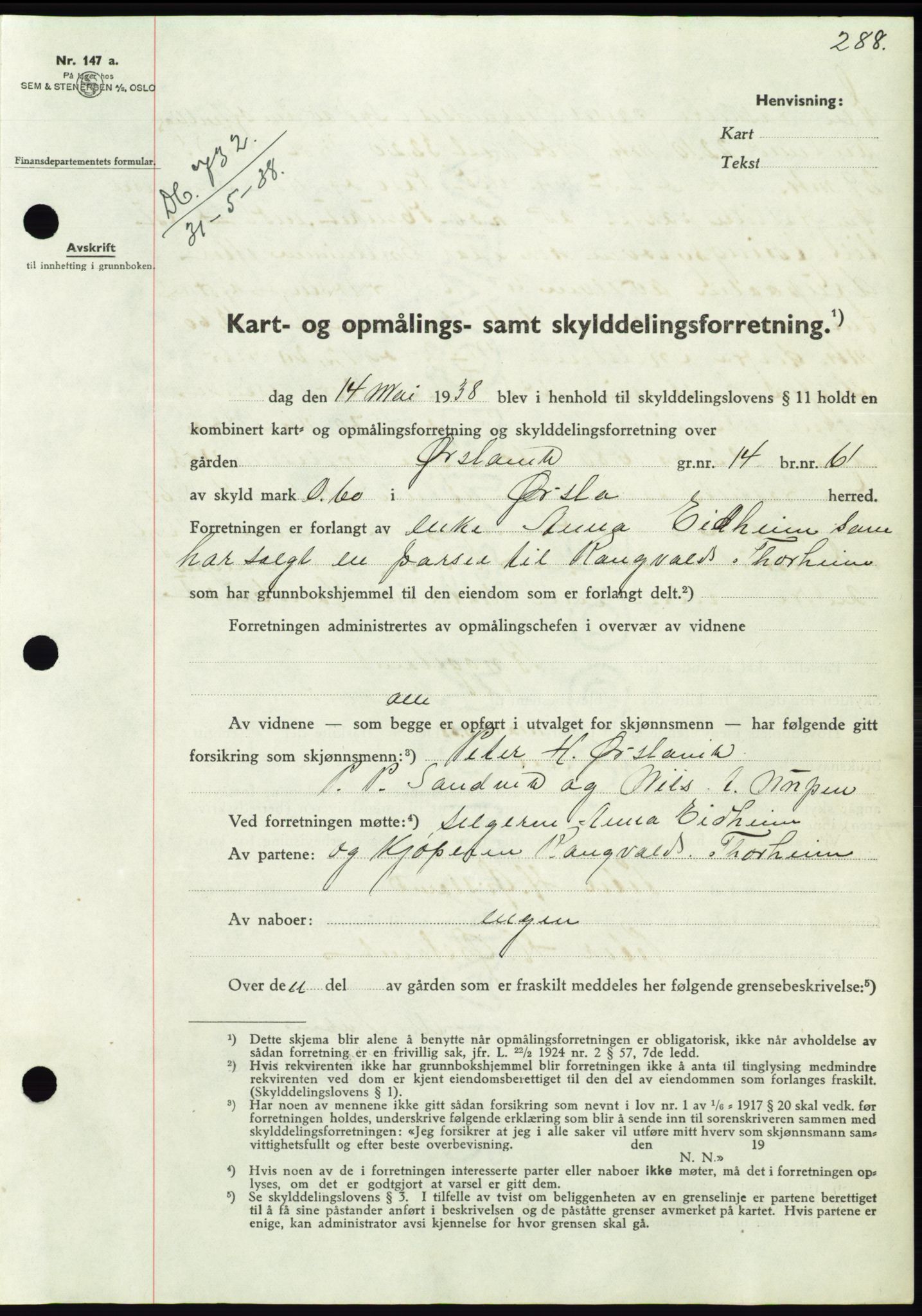 Søre Sunnmøre sorenskriveri, AV/SAT-A-4122/1/2/2C/L0065: Mortgage book no. 59, 1938-1938, Diary no: : 732/1938