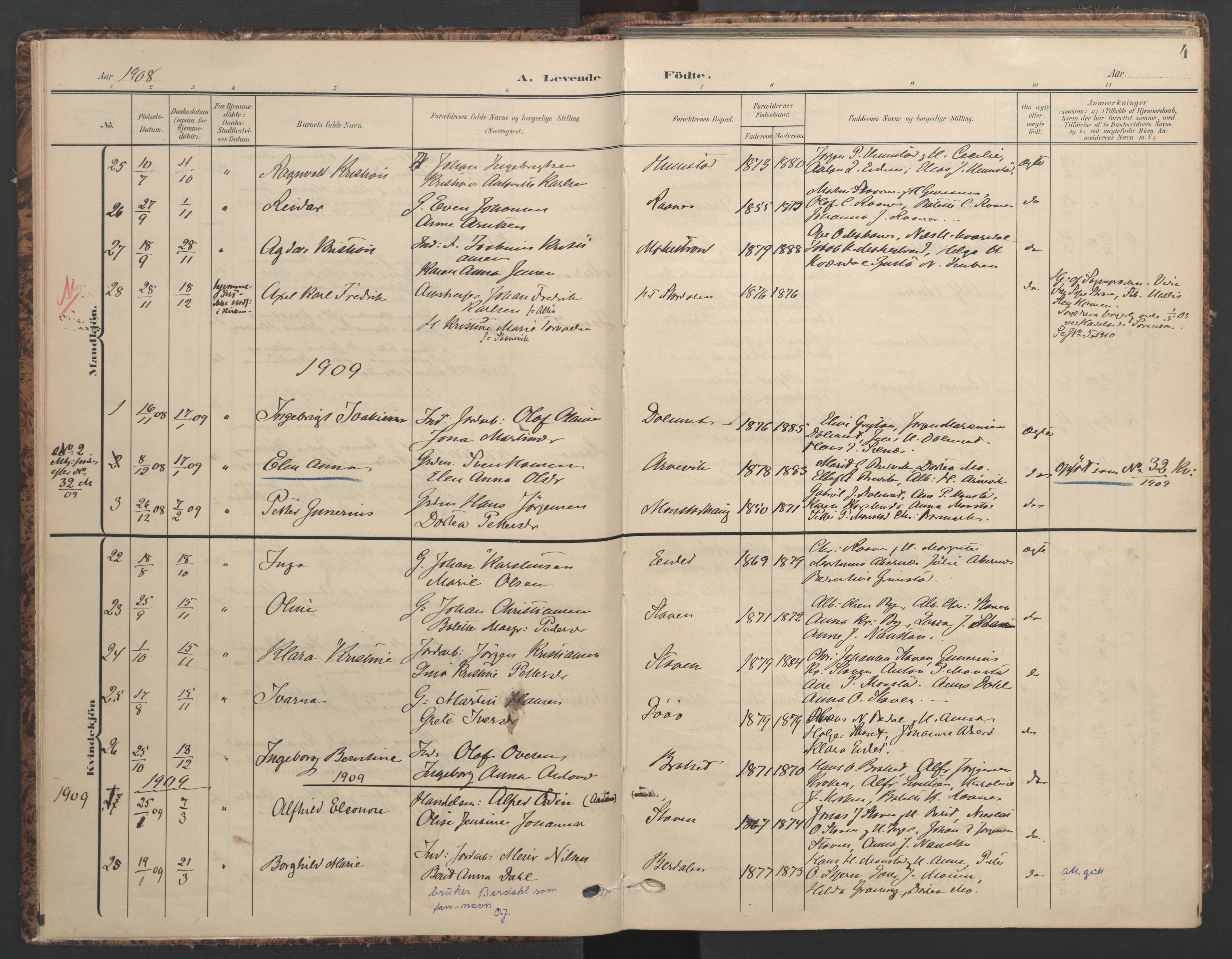 Ministerialprotokoller, klokkerbøker og fødselsregistre - Sør-Trøndelag, SAT/A-1456/655/L0682: Parish register (official) no. 655A11, 1908-1922, p. 4