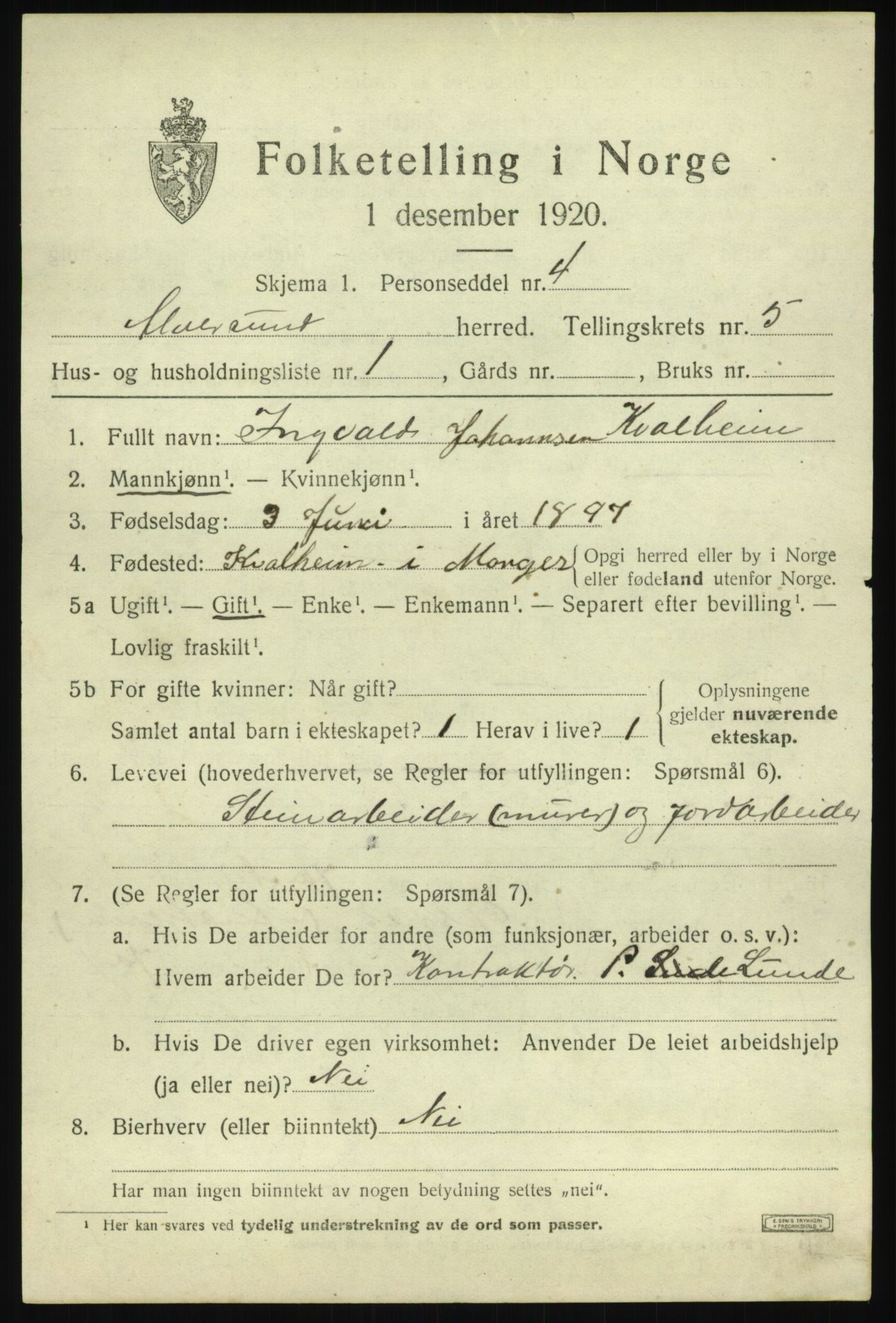 SAB, 1920 census for Alversund, 1920, p. 3860