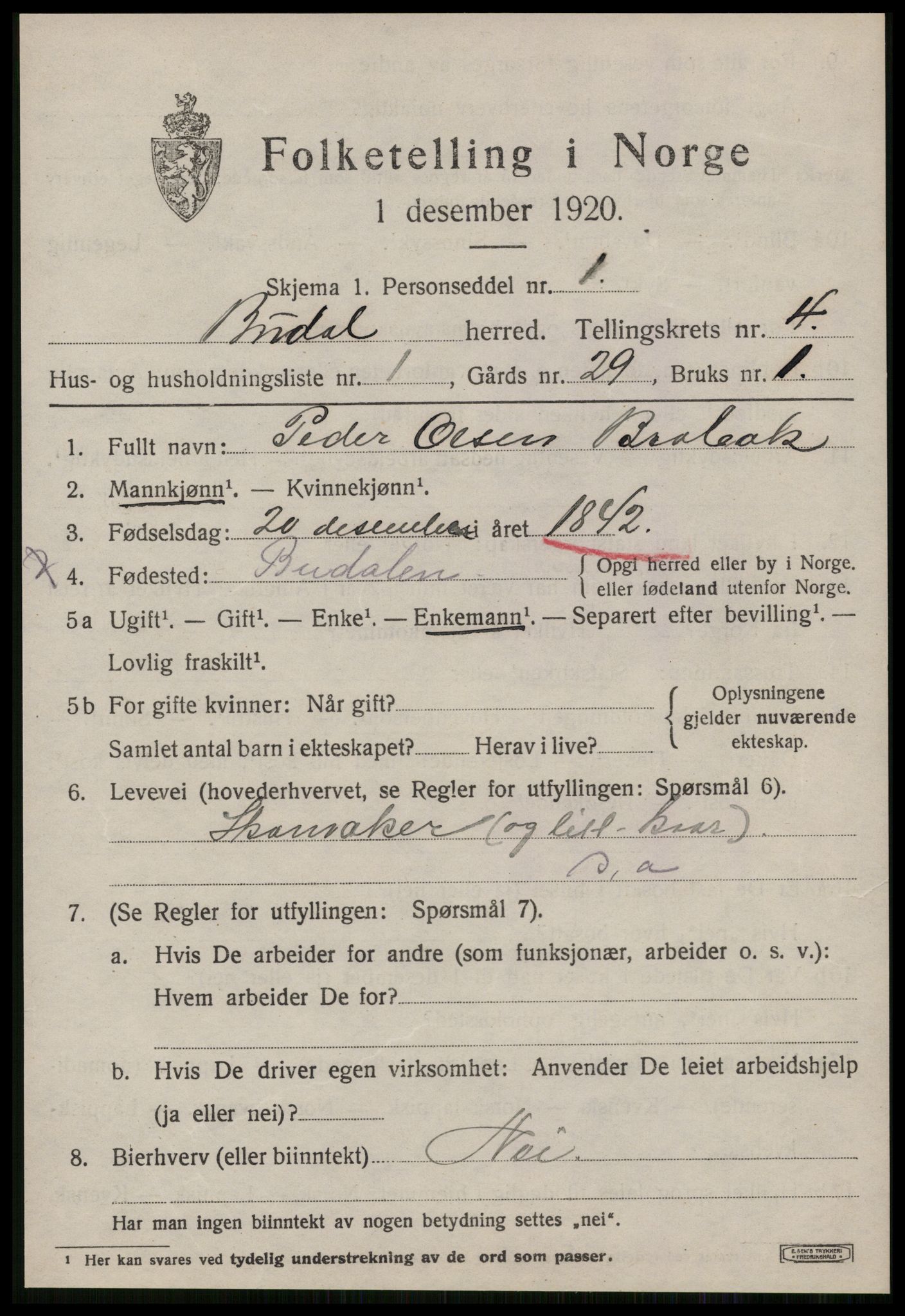 SAT, 1920 census for Budal, 1920, p. 1066