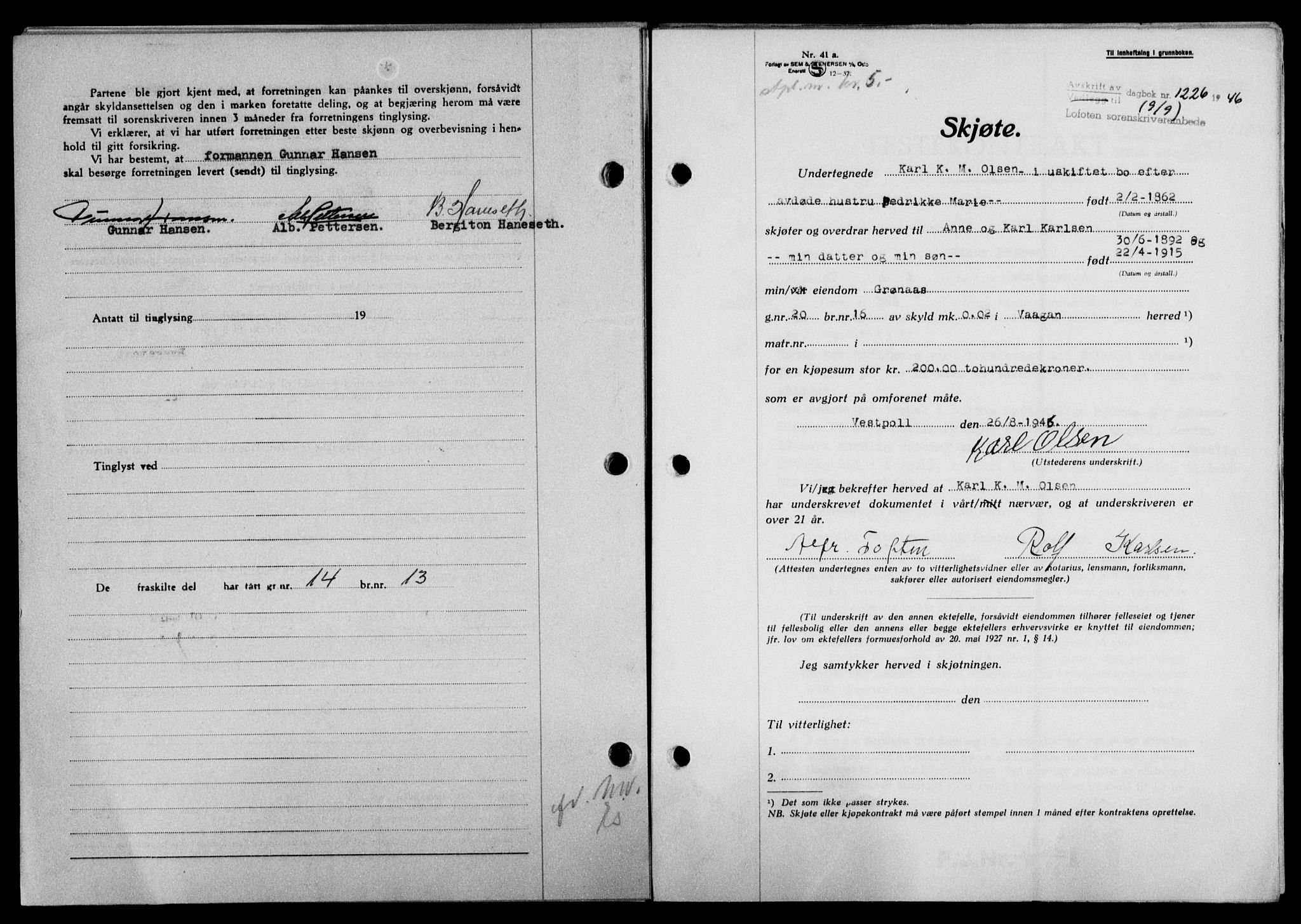 Lofoten sorenskriveri, SAT/A-0017/1/2/2C/L0014a: Mortgage book no. 14a, 1946-1946, Diary no: : 1226/1946