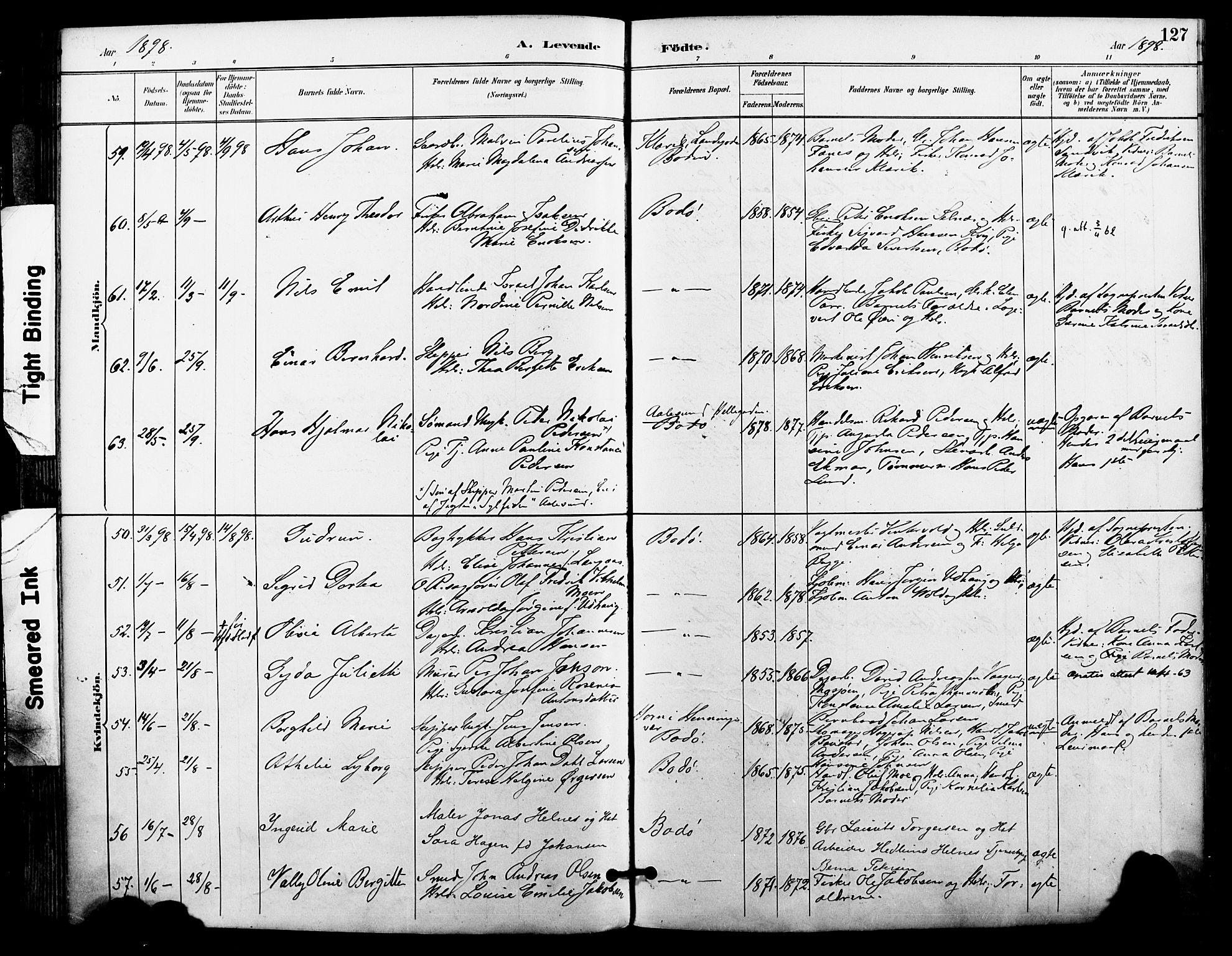 Ministerialprotokoller, klokkerbøker og fødselsregistre - Nordland, SAT/A-1459/801/L0010: Parish register (official) no. 801A10, 1888-1899, p. 127