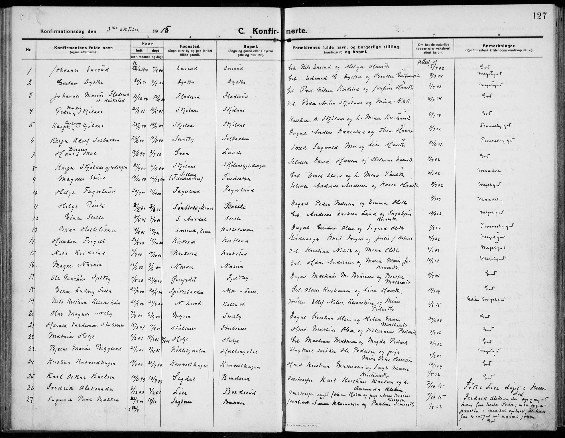 Kolbu prestekontor, AV/SAH-PREST-110/H/Ha/Haa/L0002: Parish register (official) no. 2, 1912-1926, p. 127