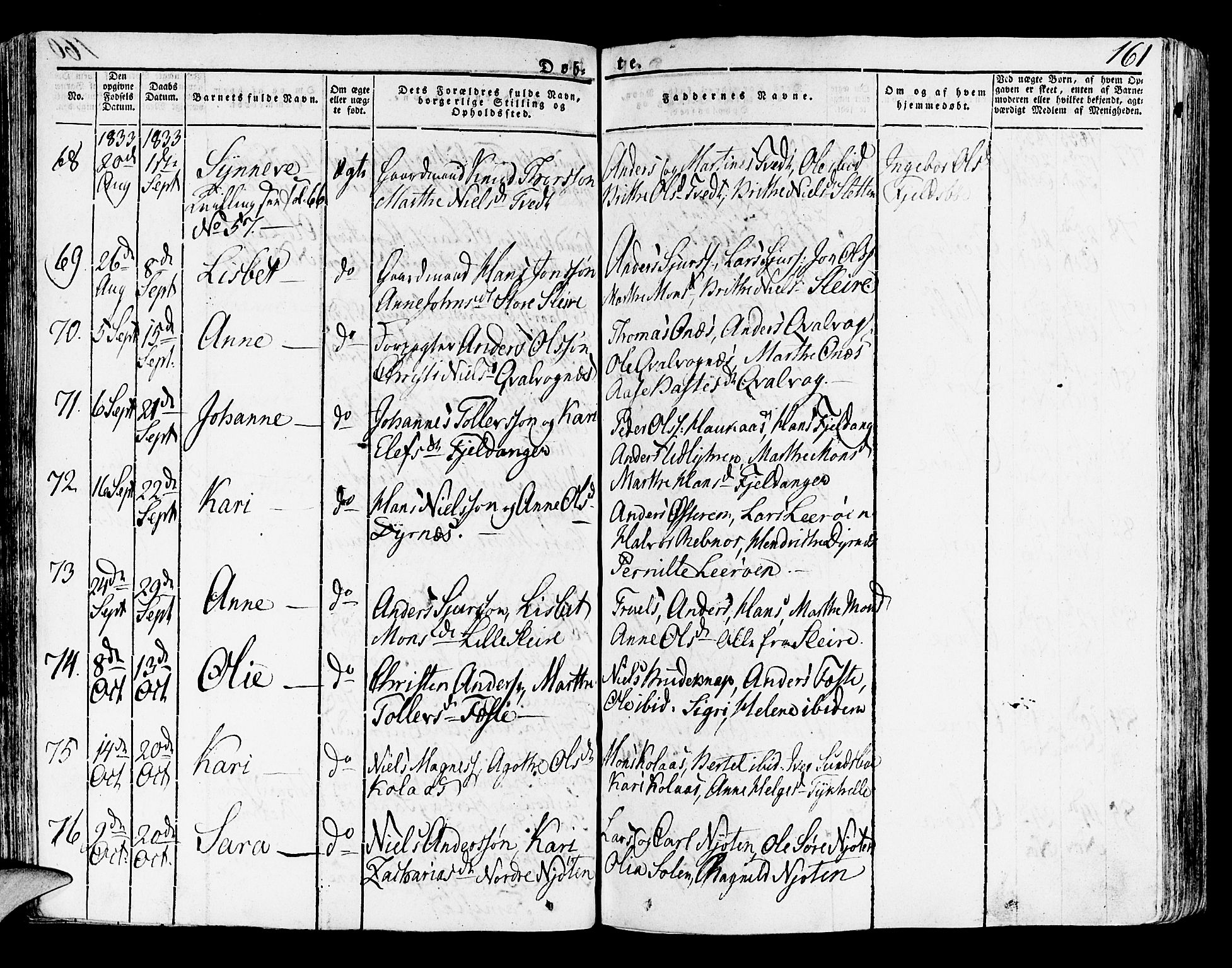 Lindås Sokneprestembete, SAB/A-76701/H/Haa: Parish register (official) no. A 8, 1823-1836, p. 161