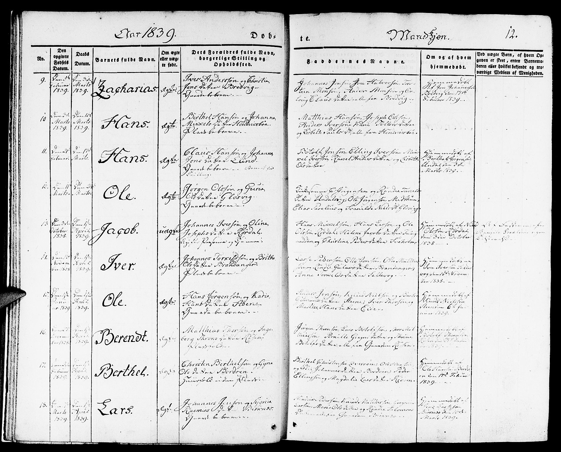 Gulen sokneprestembete, AV/SAB-A-80201/H/Haa/Haaa/L0020: Parish register (official) no. A 20, 1837-1847, p. 12