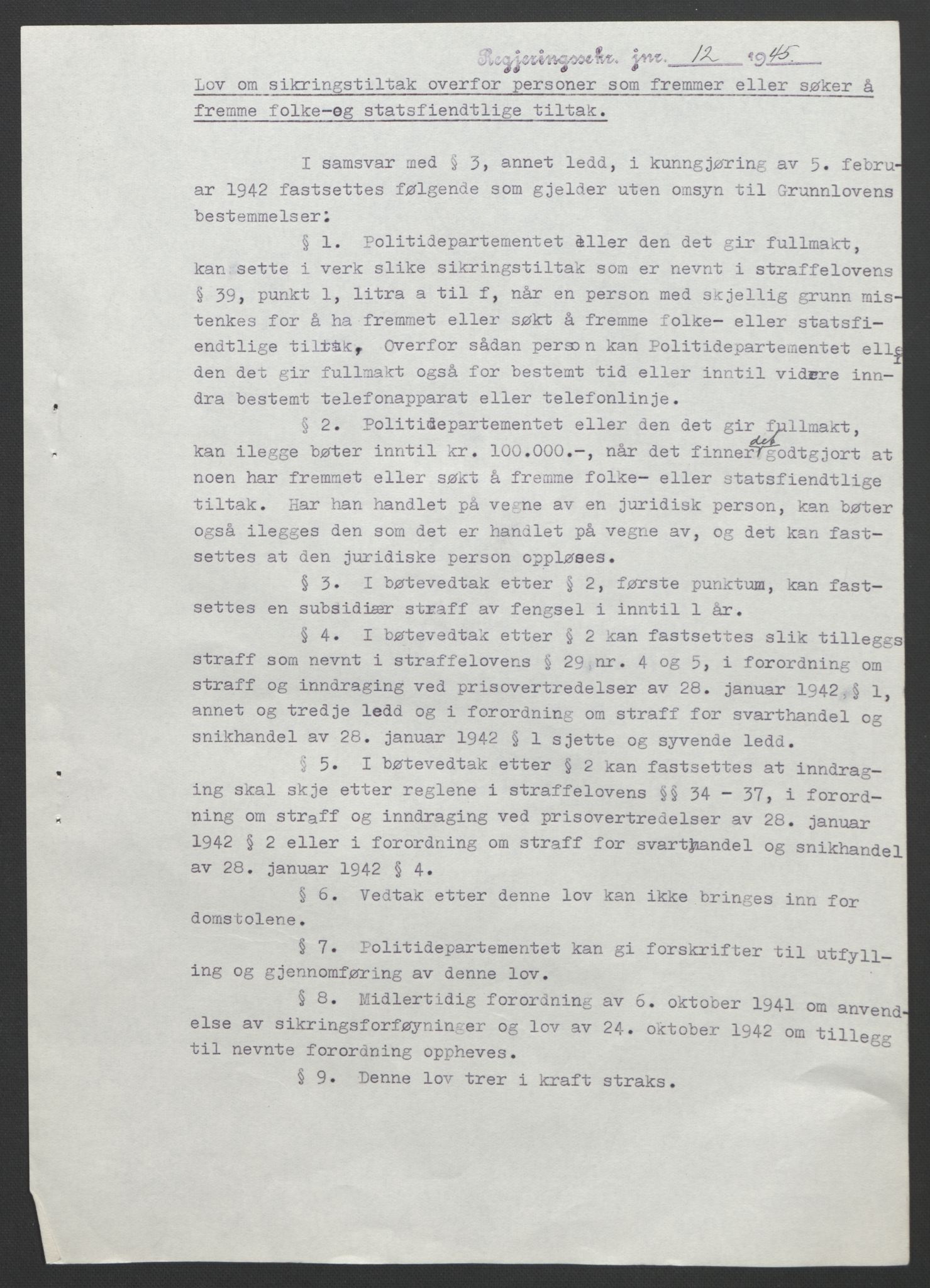 NS-administrasjonen 1940-1945 (Statsrådsekretariatet, de kommisariske statsråder mm), RA/S-4279/D/Db/L0101/0001: -- / Lover og vedtak, 1945, p. 13