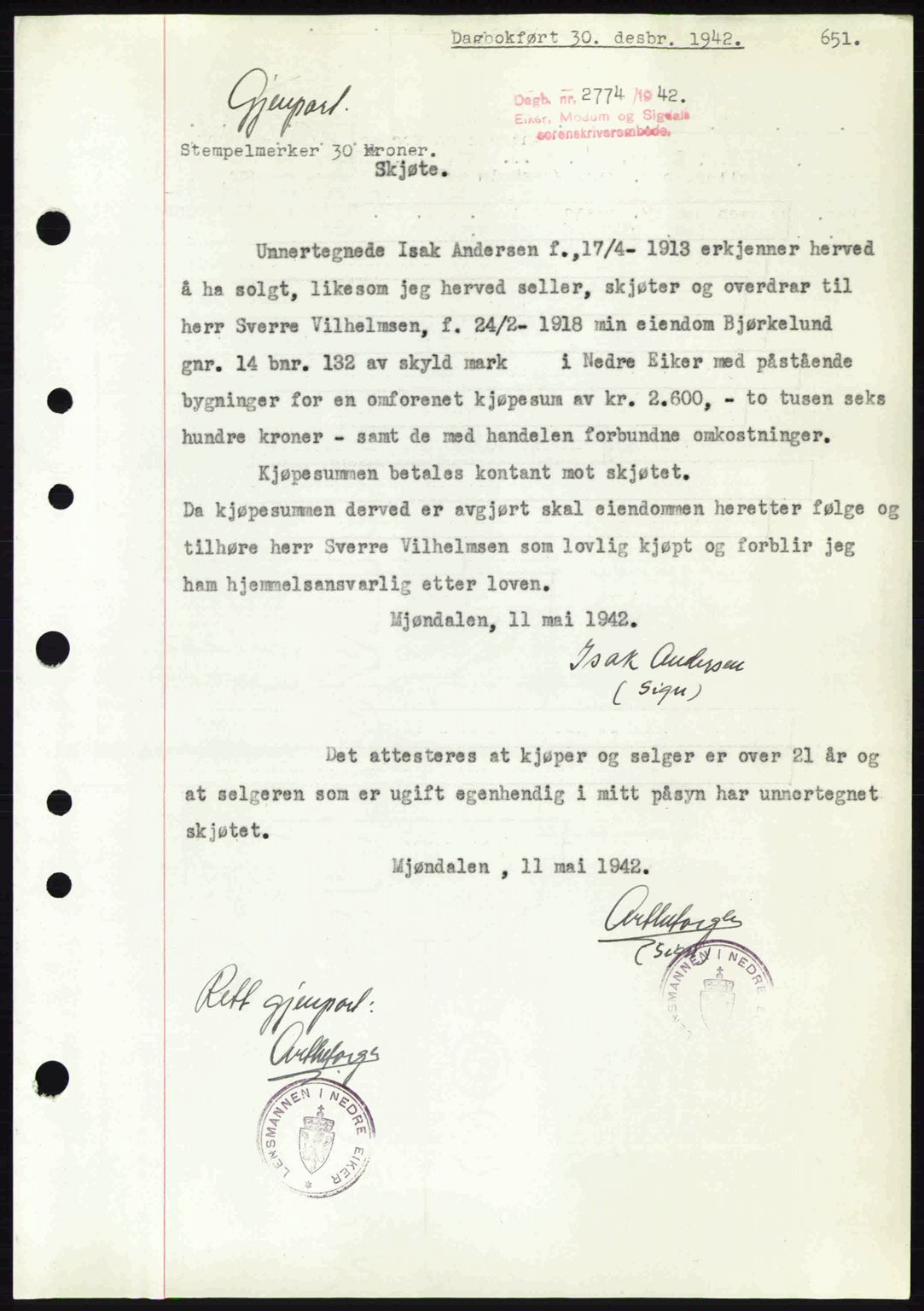Eiker, Modum og Sigdal sorenskriveri, SAKO/A-123/G/Ga/Gab/L0047: Mortgage book no. A17, 1942-1943, Diary no: : 2774/1942