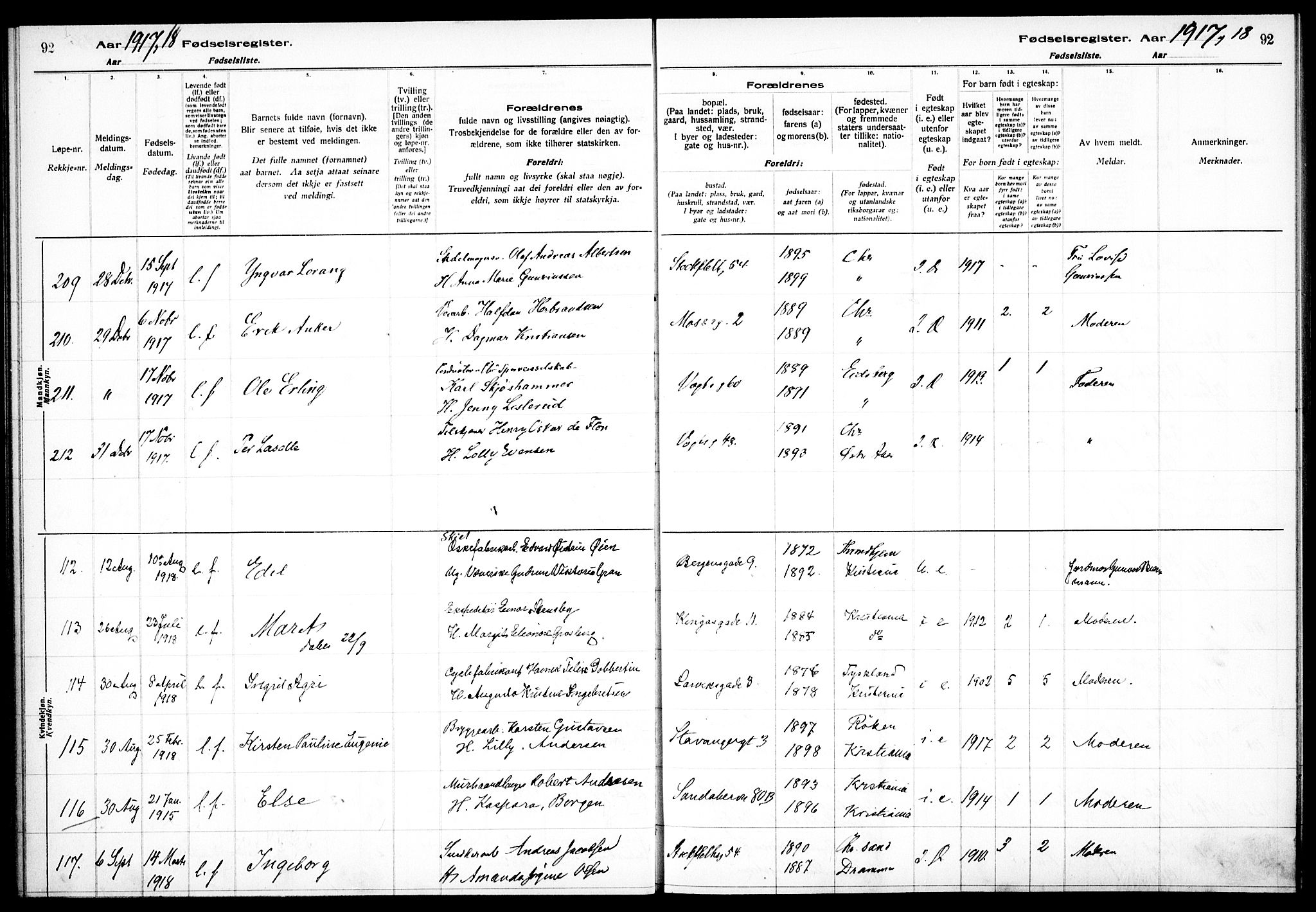 Sagene prestekontor Kirkebøker, SAO/A-10796/J/L0001: Birth register no. 1, 1916-1920, p. 92