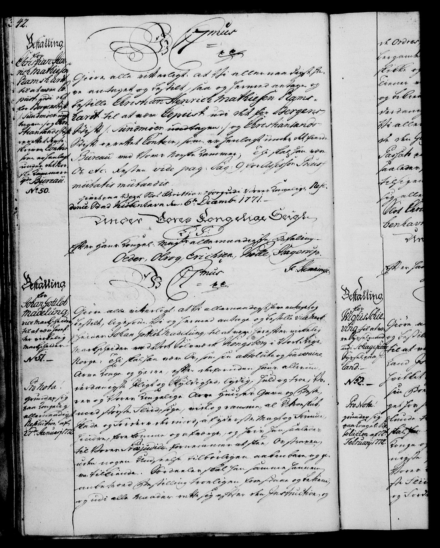 Rentekammeret, Kammerkanselliet, AV/RA-EA-3111/G/Gg/Gge/L0005: Norsk bestallingsprotokoll med register (merket RK 53.29), 1771-1773, p. 42