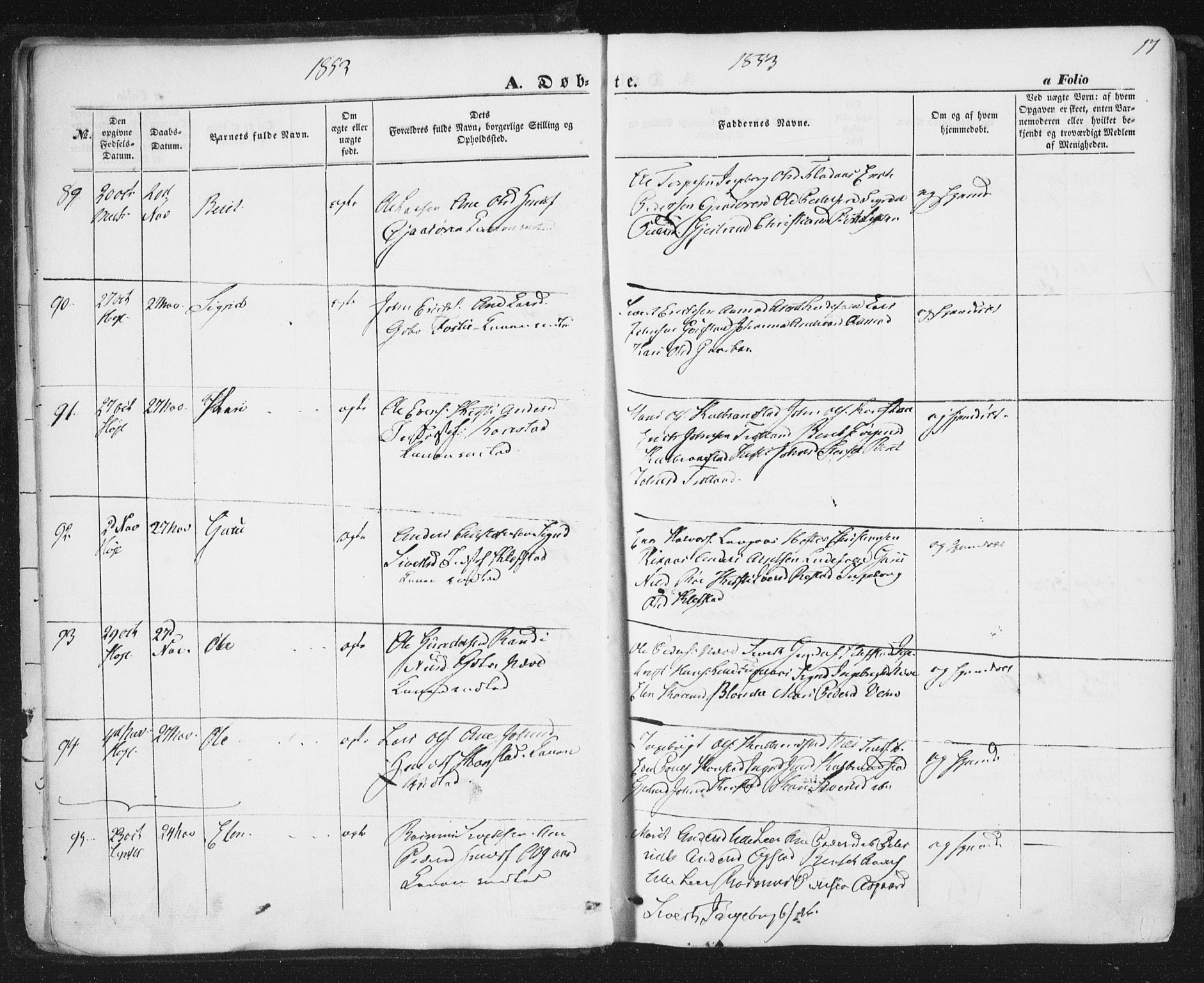 Ministerialprotokoller, klokkerbøker og fødselsregistre - Sør-Trøndelag, AV/SAT-A-1456/691/L1076: Parish register (official) no. 691A08, 1852-1861, p. 17