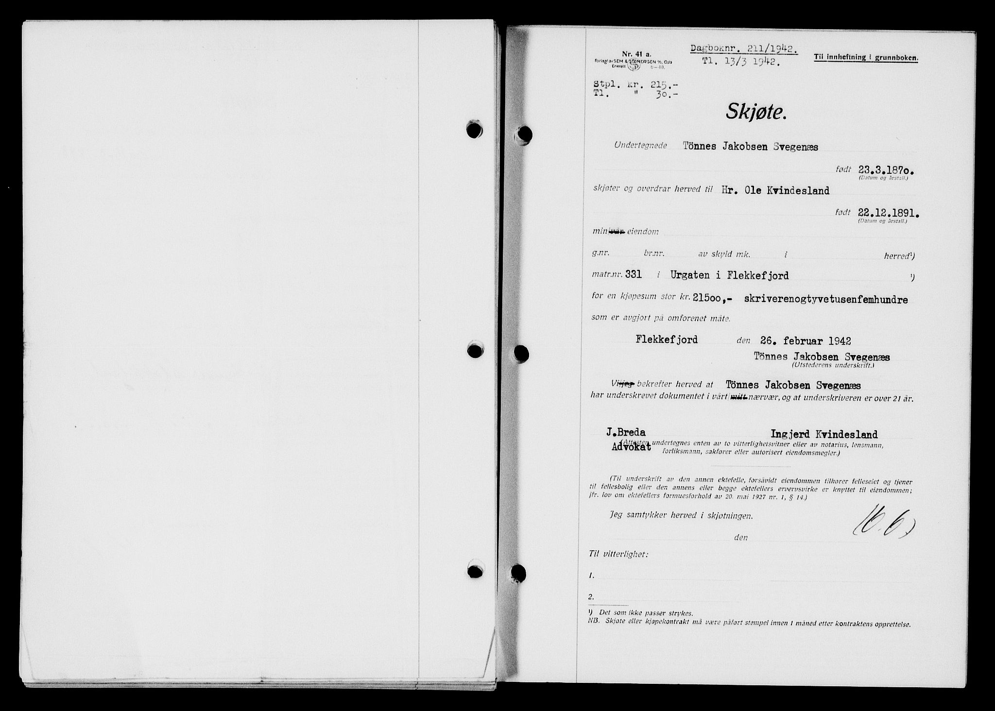 Flekkefjord sorenskriveri, SAK/1221-0001/G/Gb/Gba/L0057: Mortgage book no. A-5, 1941-1942, Diary no: : 211/1942