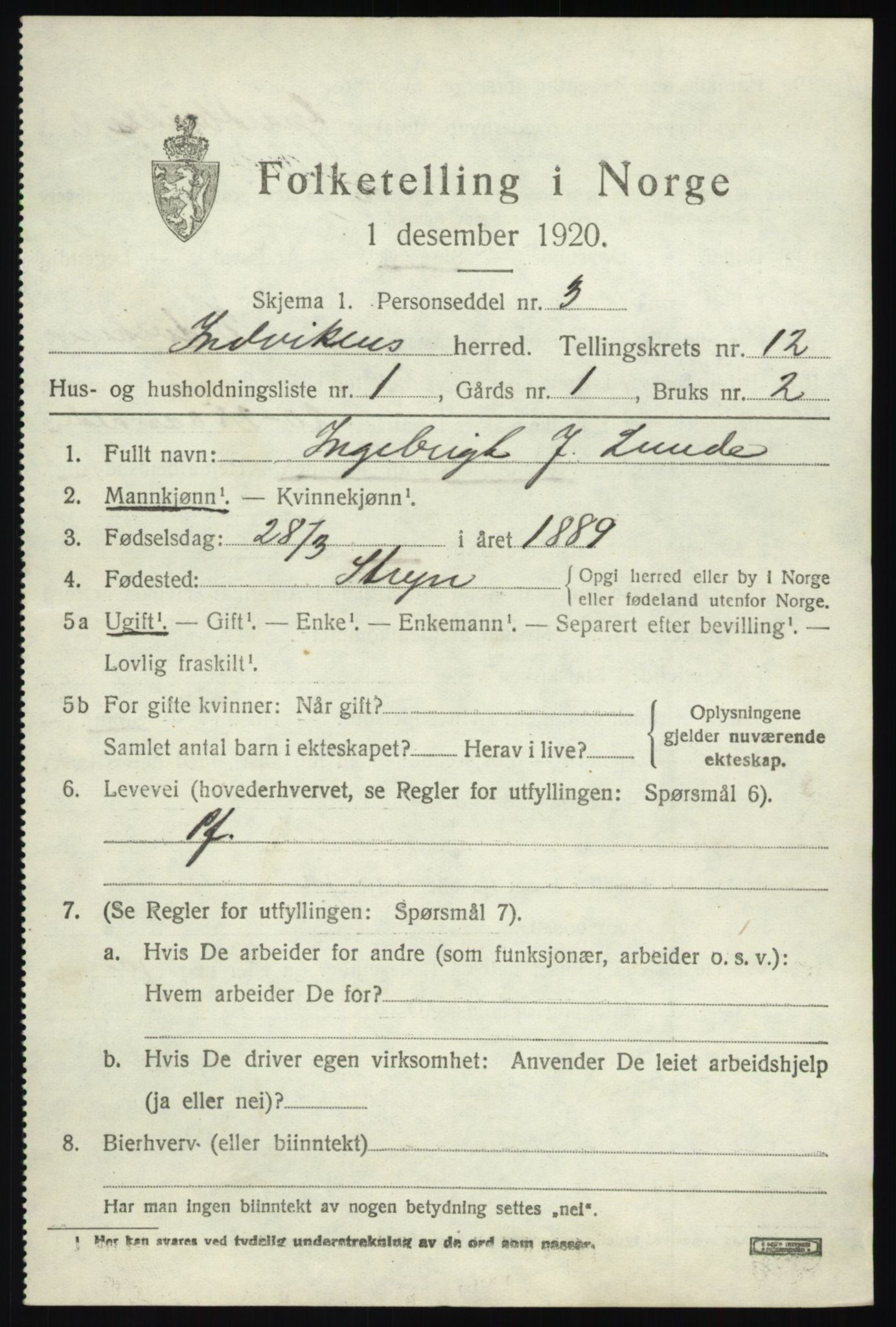 SAB, 1920 census for Innvik, 1920, p. 4883