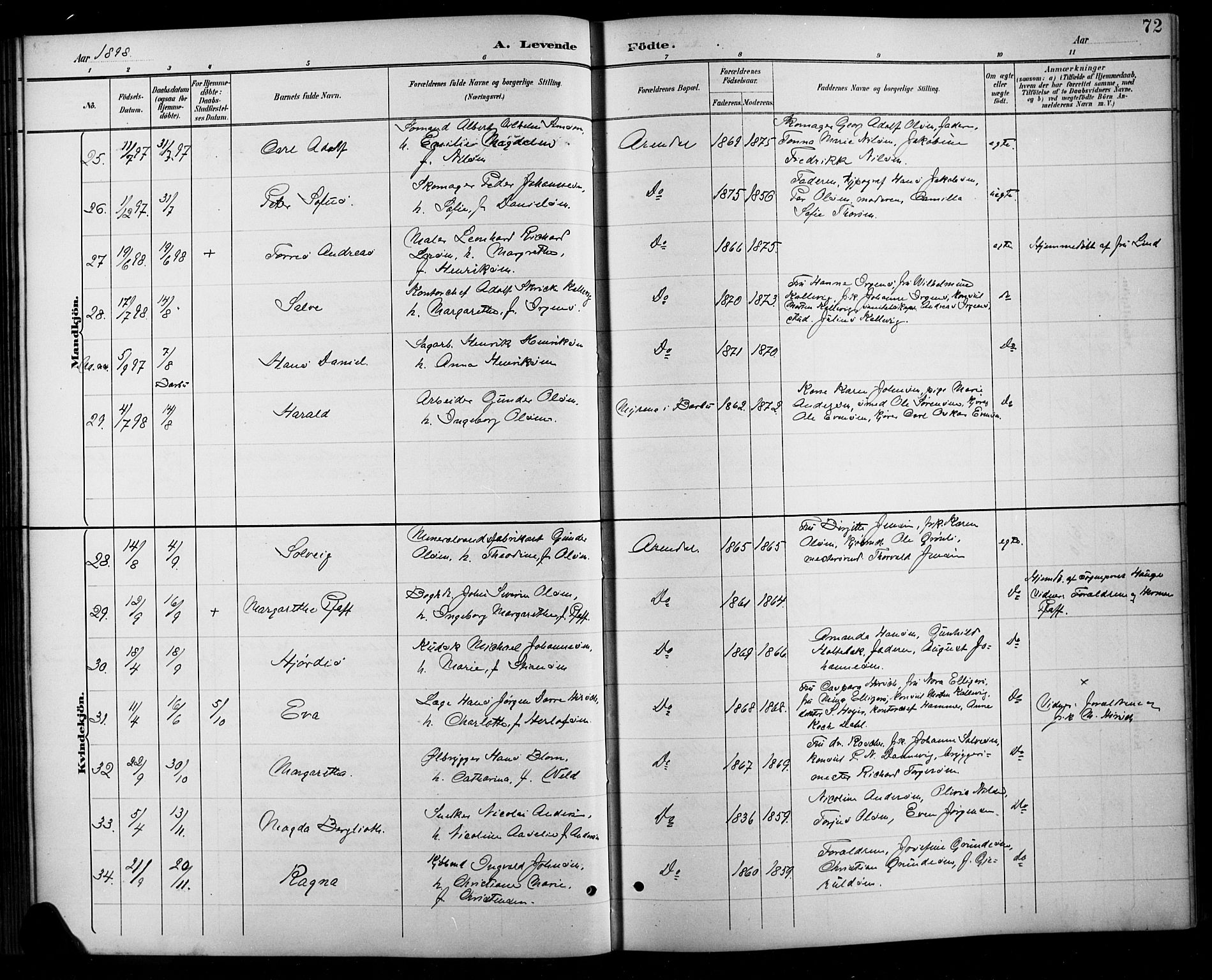 Arendal sokneprestkontor, Trefoldighet, SAK/1111-0040/F/Fb/L0006: Parish register (copy) no. B 6, 1889-1916, p. 72