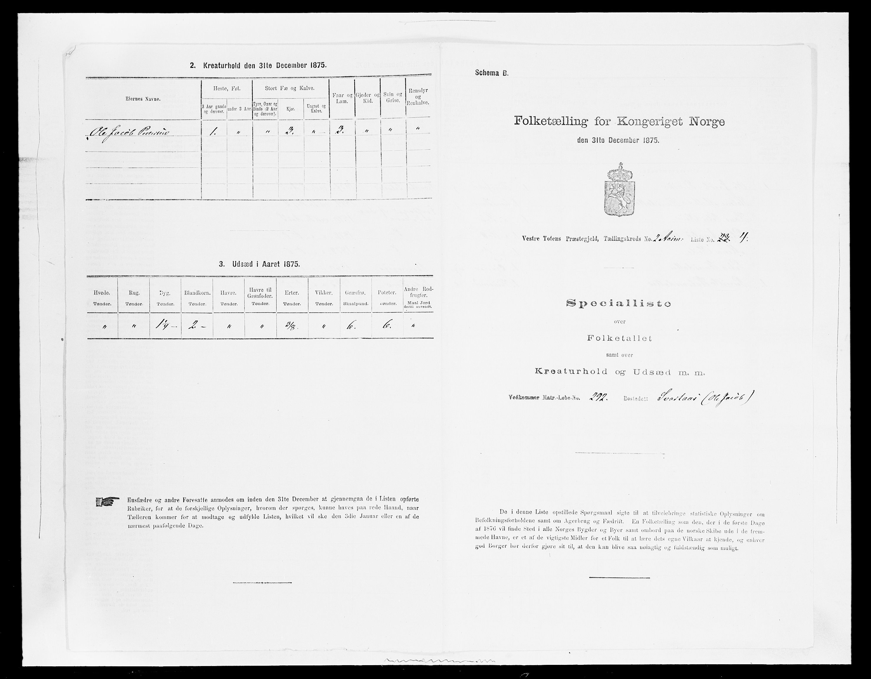 SAH, 1875 census for 0529P Vestre Toten, 1875, p. 433