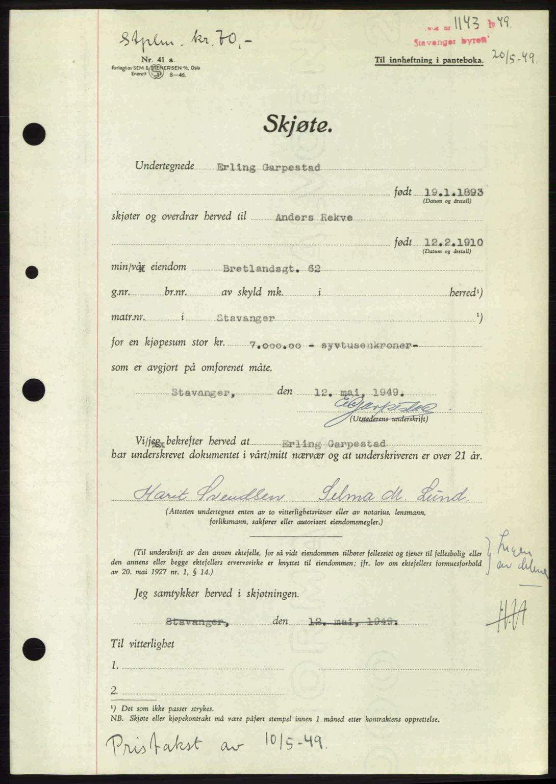 Stavanger byrett, SAST/A-100455/002/G/Gb/L0023: Mortgage book no. A12, 1948-1949, Diary no: : 1143/1949